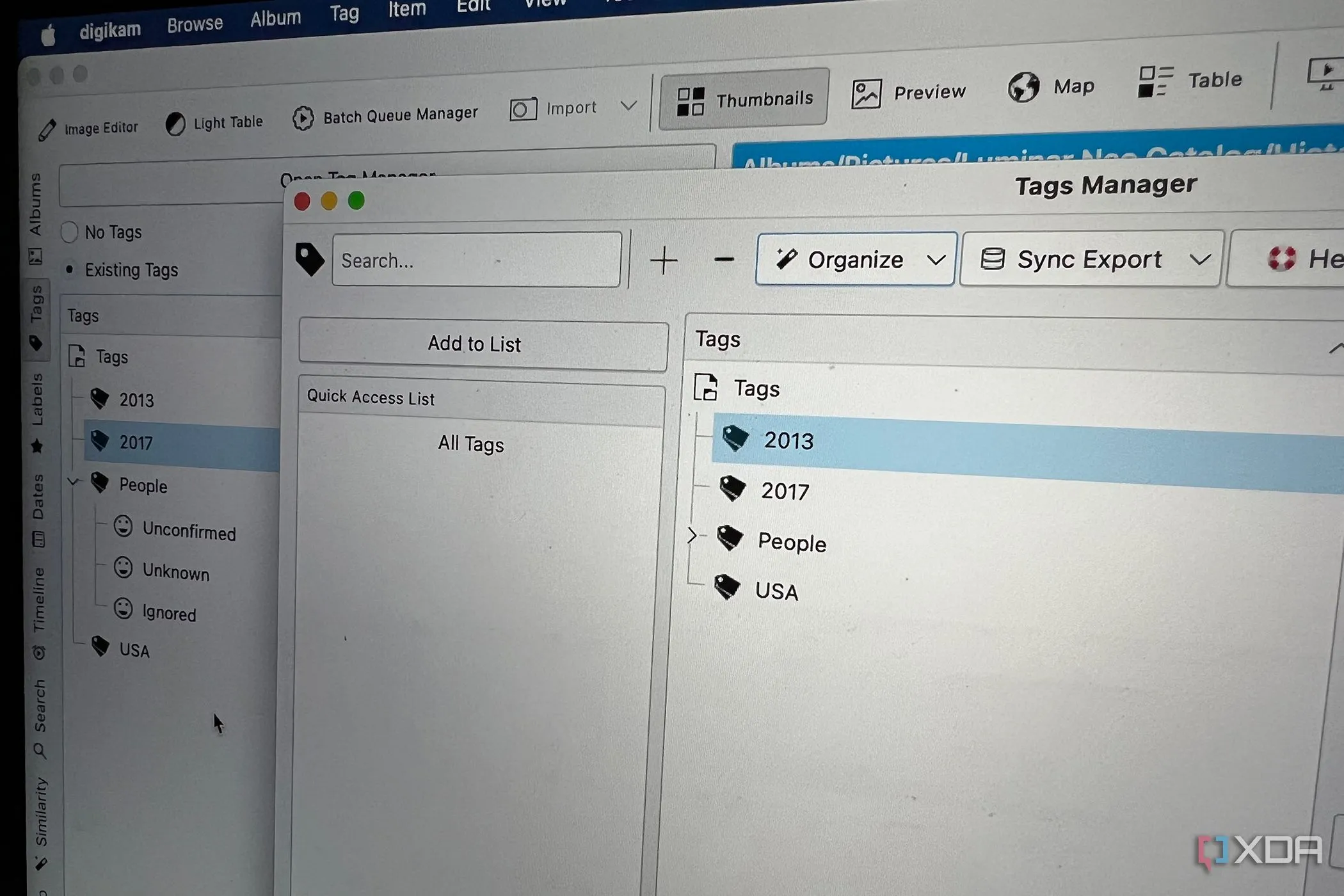 DigiKam Tag Manager interface showing various tags, ratings, and labels for organizing photos