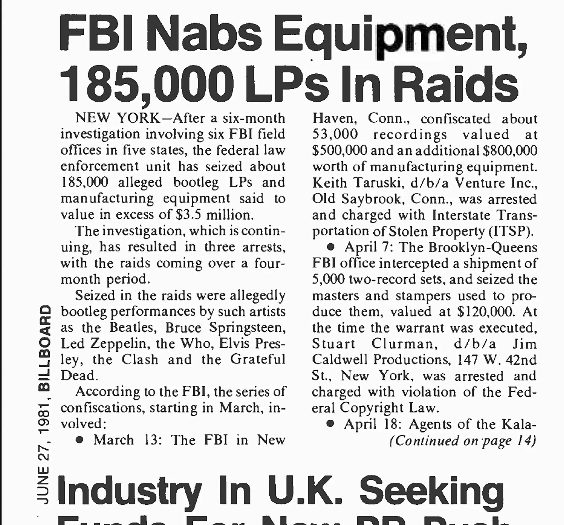 Đoạn cắt từ tạp chí Billboard năm 1981 ghi nhận vụ khám xét FBI liên quan đến Keith Taruski và Venture Inc.