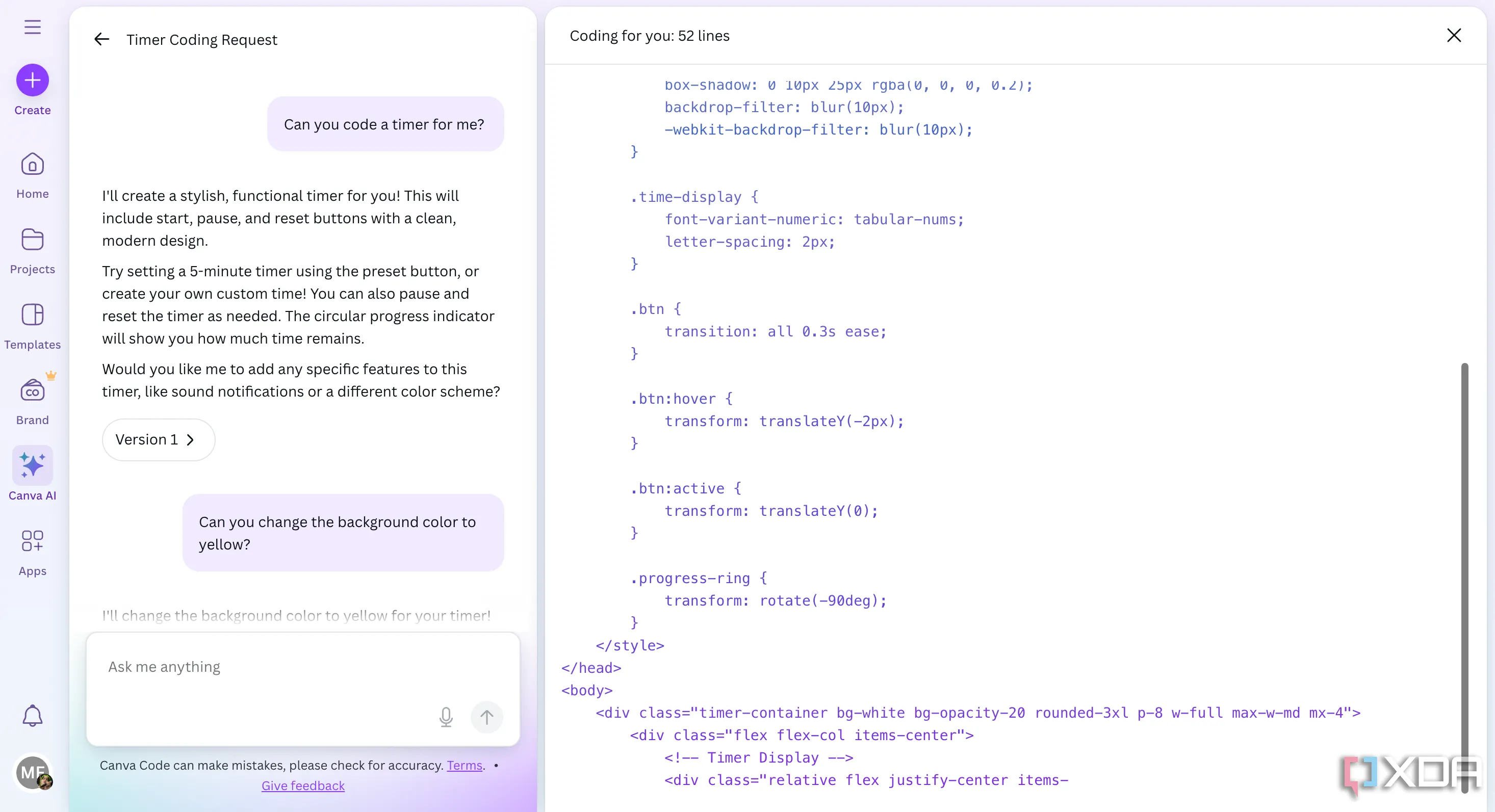 Đoạn mã code được tạo bởi Canva Code, có thể sao chép và tùy chỉnh