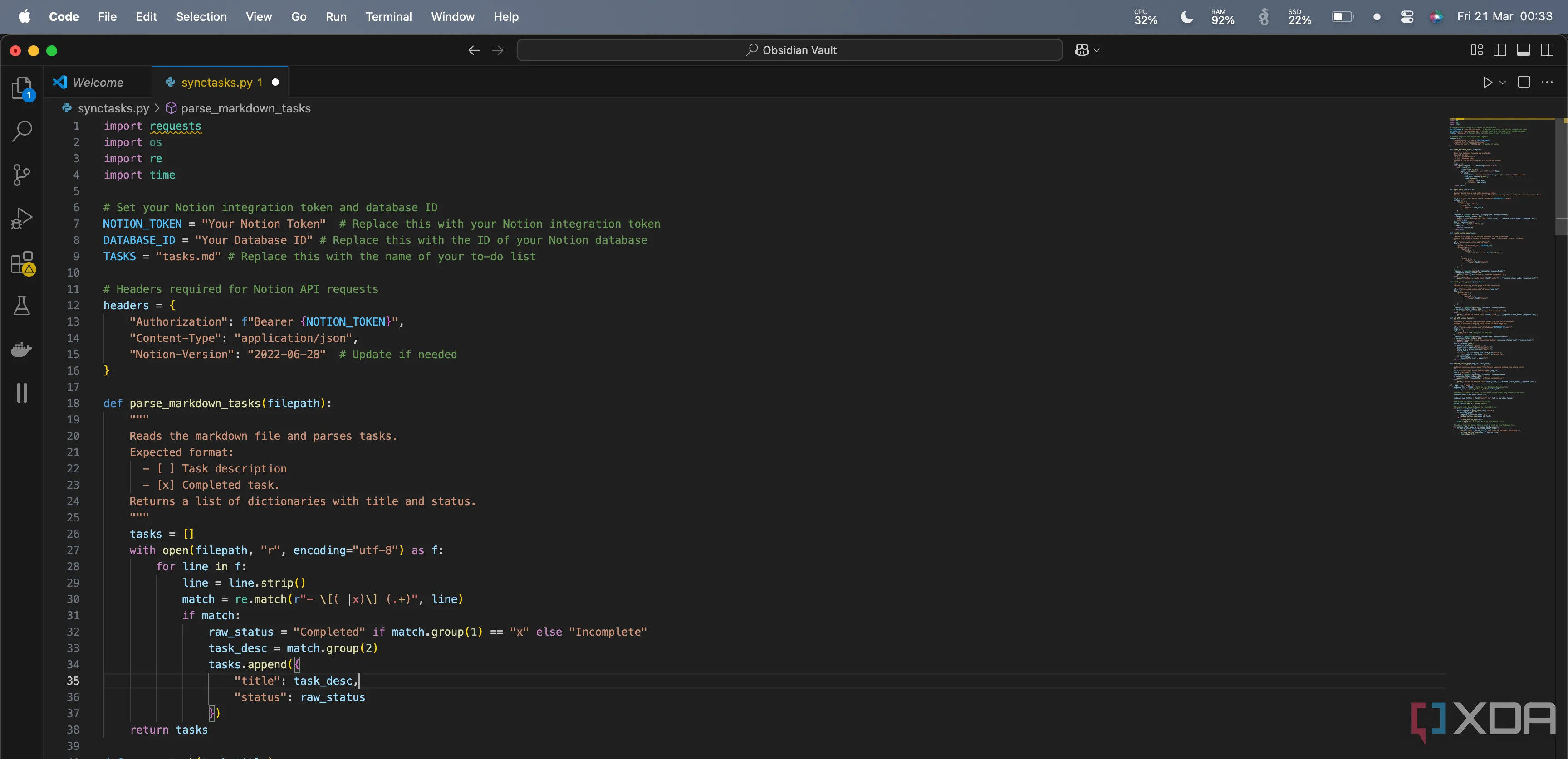 Đoạn mã Python của script đồng bộ Obsidian Notion, hiển thị các biến NOTION_TOKEN và DATABASE_ID