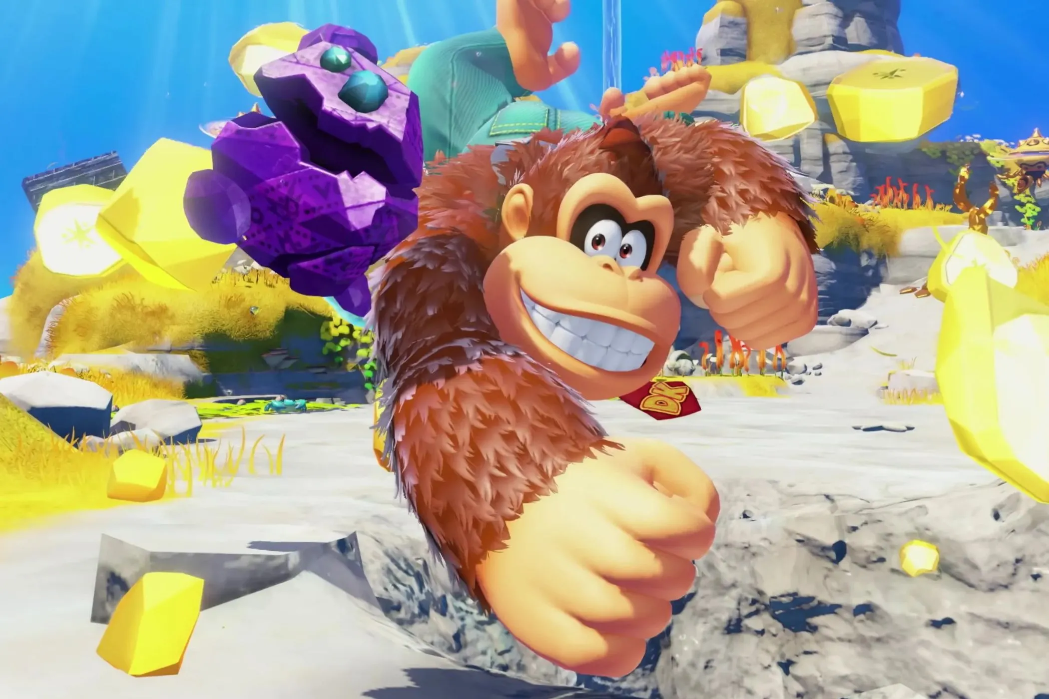 Donkey Kong Bananza đang chơi với nhiều nhân vật trên màn hình