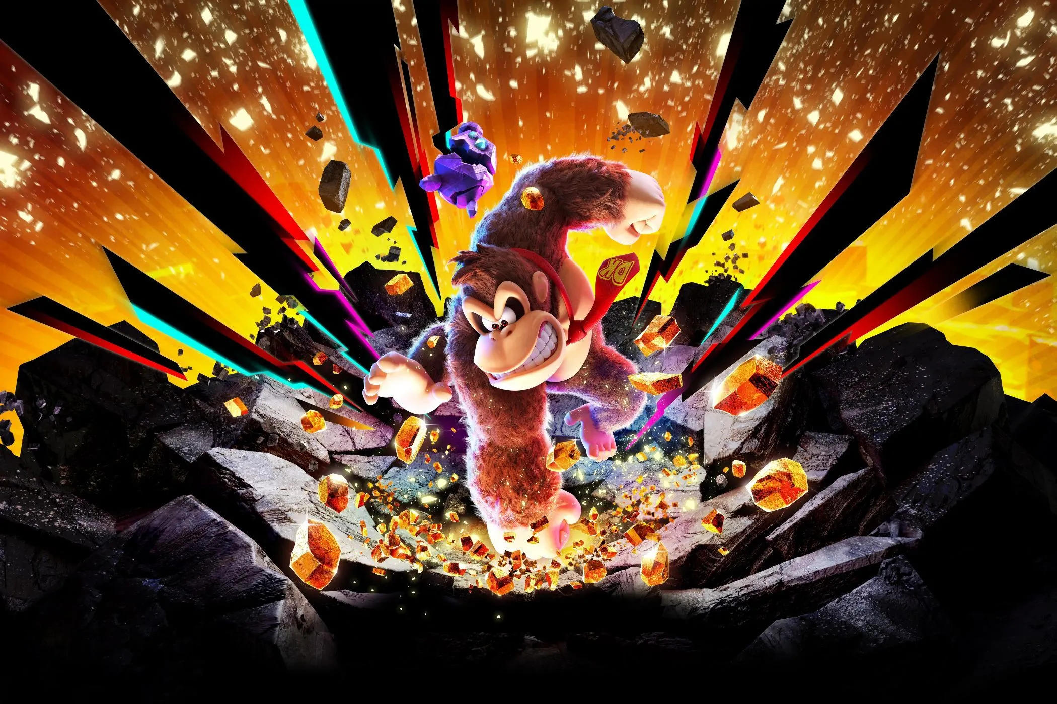 Donkey Kong đang sử dụng chiêu thức đập đất để phá hủy địa hình trong game Donkey Kong Bananza, thể hiện cơ chế tương tác môi trường độc đáo.