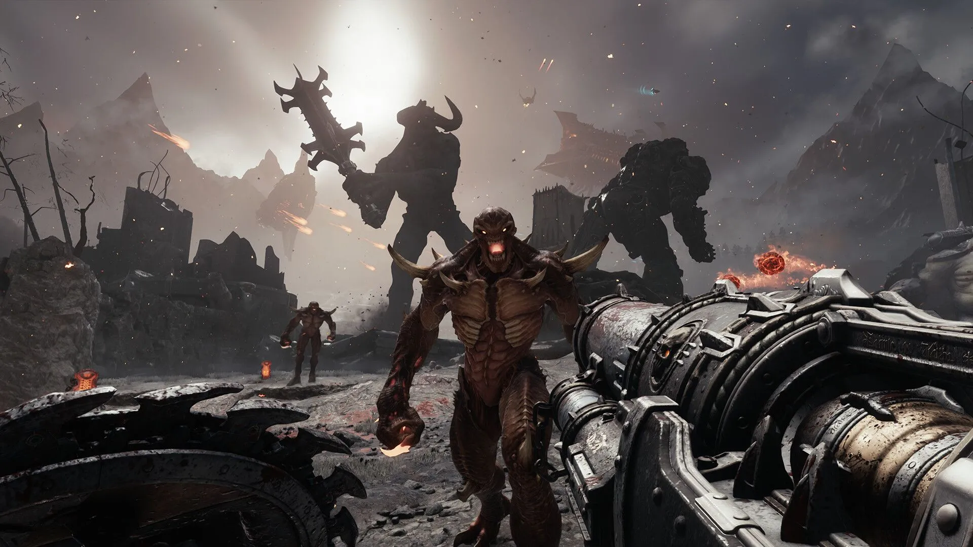 Doom Slayer cưỡi một con rồng chiến đấu trong không trung, thể hiện yếu tố mới mẻ trong Doom: The Dark Ages
