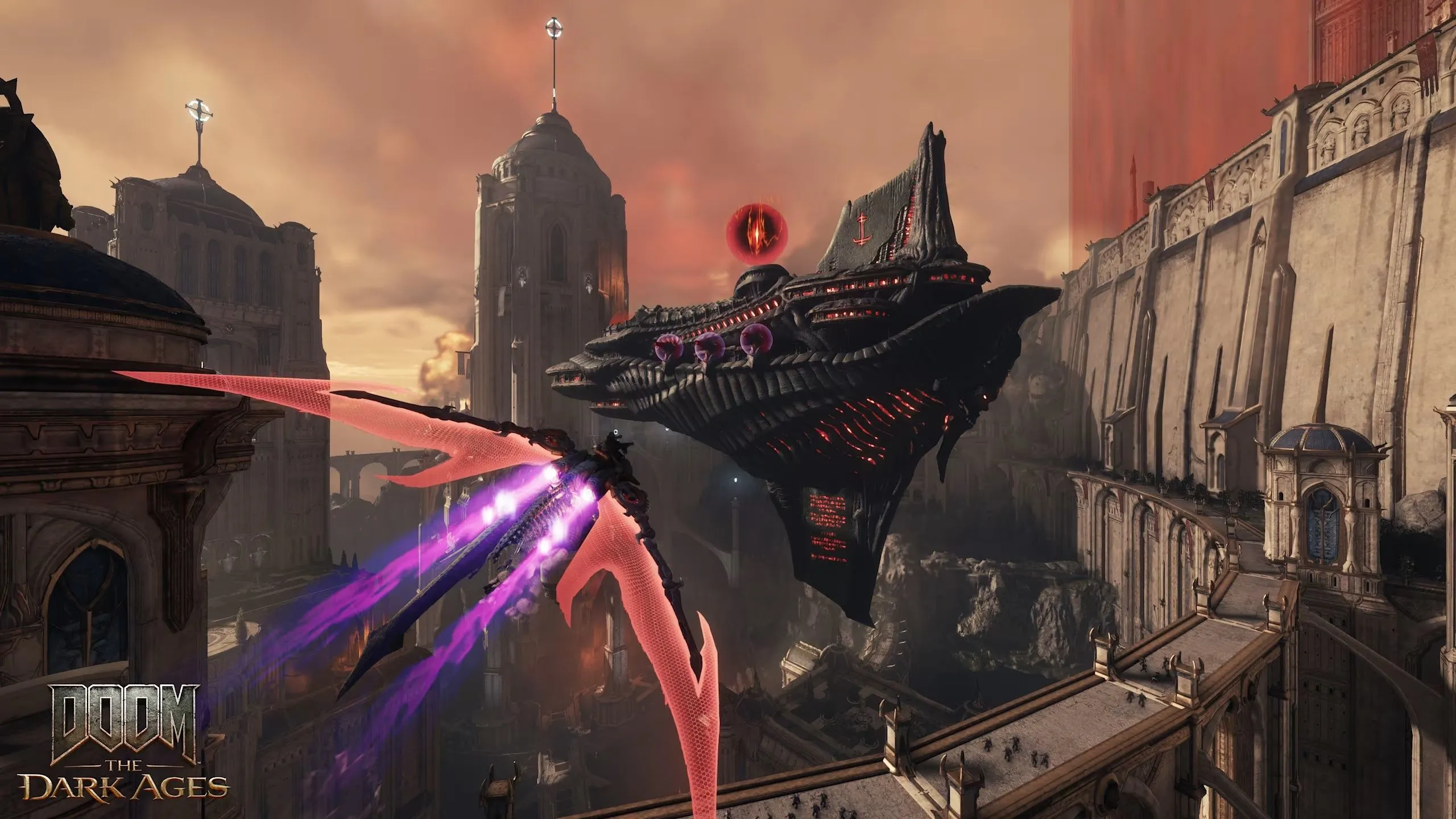 Doom Slayer cưỡi rồng bay lượn trên bầu trời, đối đầu với tàu chiến quỷ trong phân đoạn Dragon Mount của Doom: The Dark Ages.