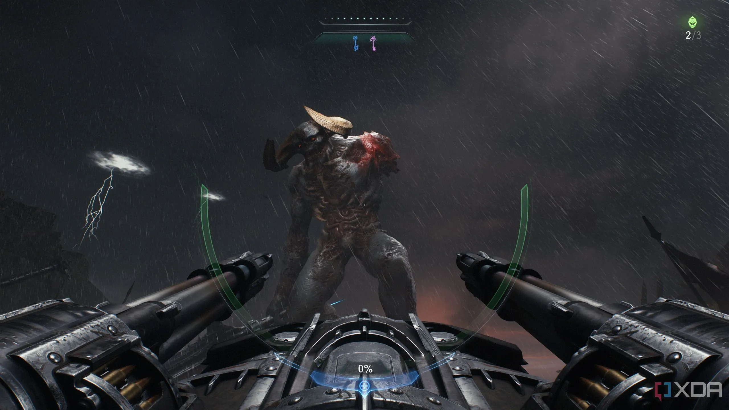 Doom Slayer điều khiển khẩu súng tháp, bắn vào một Titan quỷ khổng lồ trong phân đoạn Turret Shooting của Doom: The Dark Ages.