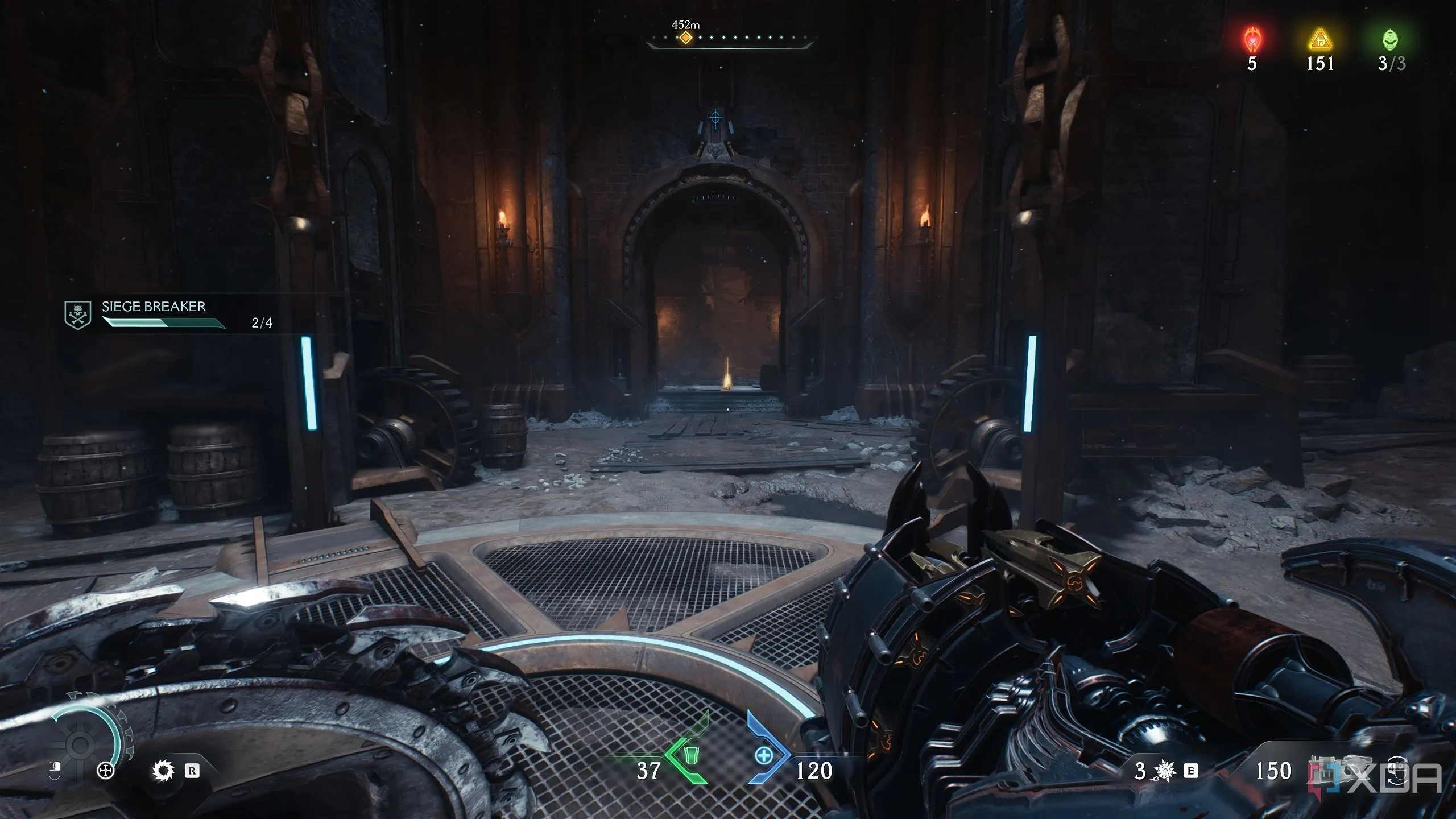 Doom Slayer đối mặt với các thỏi vàng trên mặt đất trong Khu Vực Bí Mật 5 của Doom: The Dark Ages