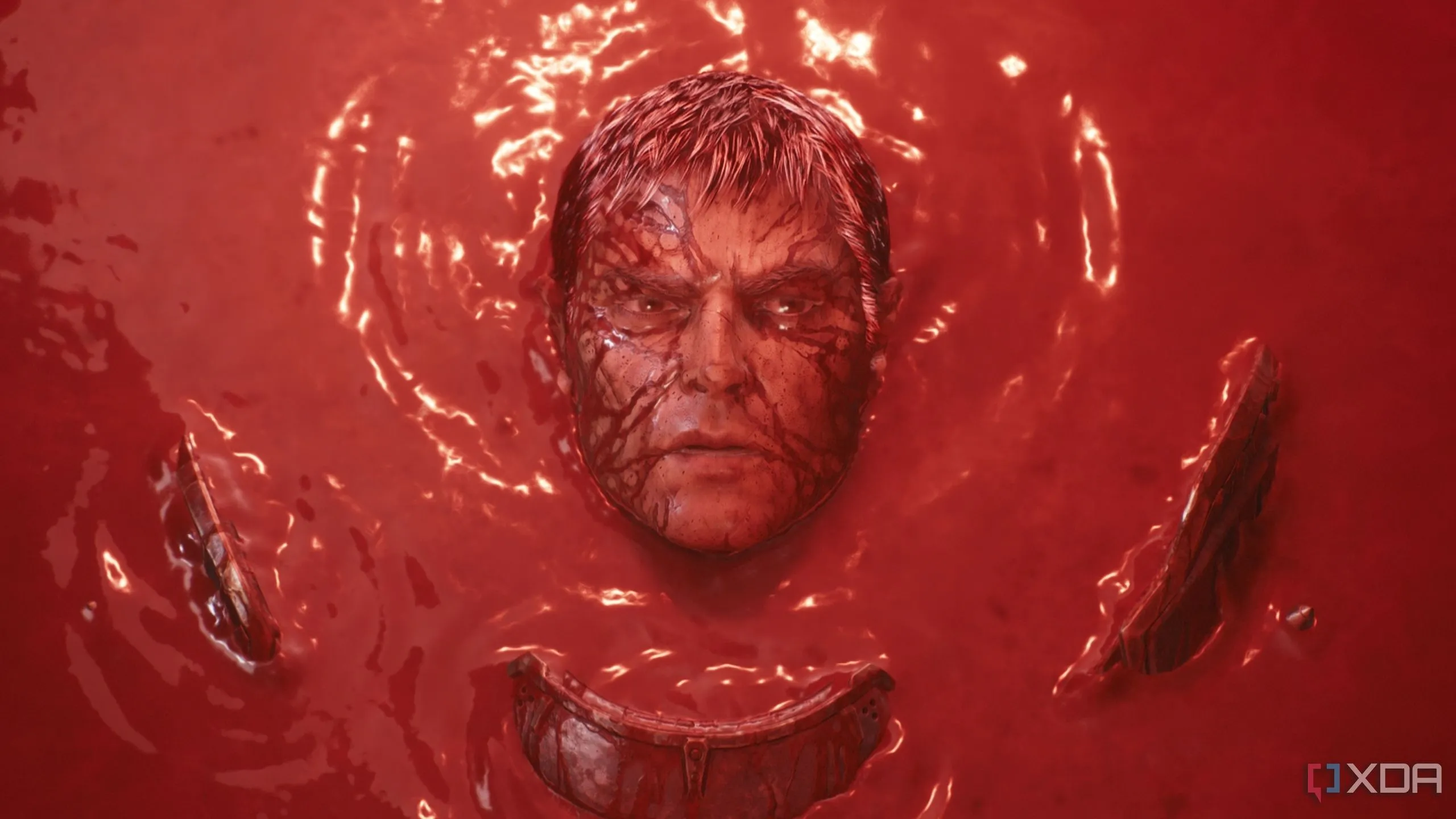 Doom Slayer đứng dậy từ vũng máu trong một cảnh game Doom The Dark Ages