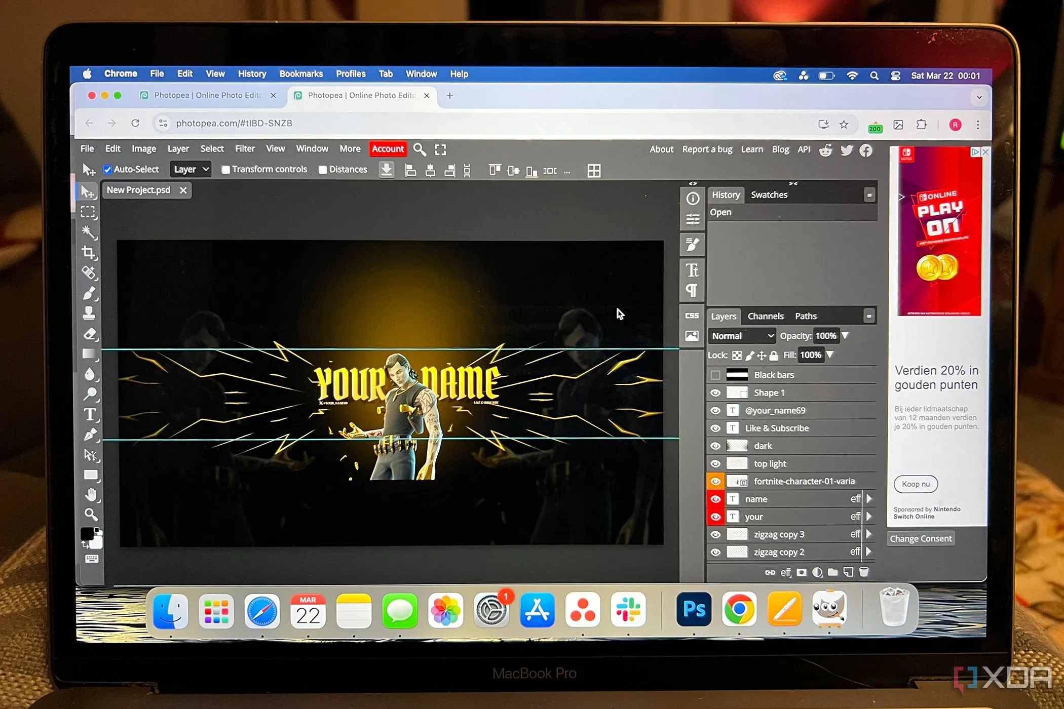 Dự án thiết kế đang mở trên Photopea với giao diện tương tự Photoshop trên MacBook