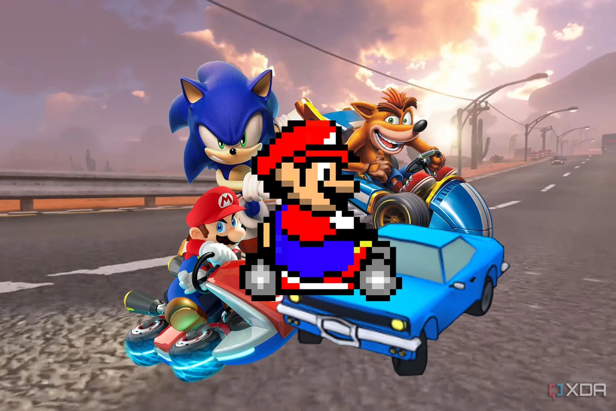 Đường đua Mario Kart với các nhân vật Sonic, Mario, Crash và Flex Riders