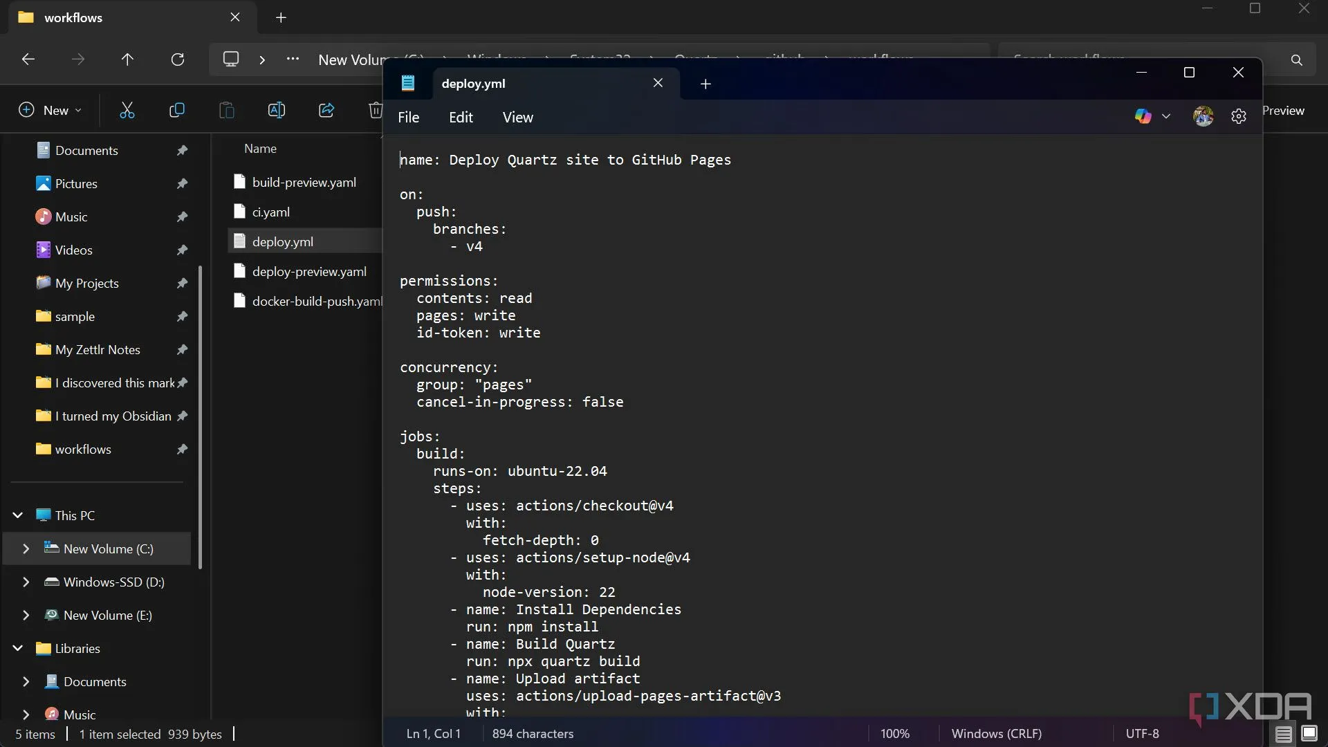 File 'deploy.yml' chứa cấu hình GitHub Actions để tự động triển khai Quartz lên GitHub Pages.