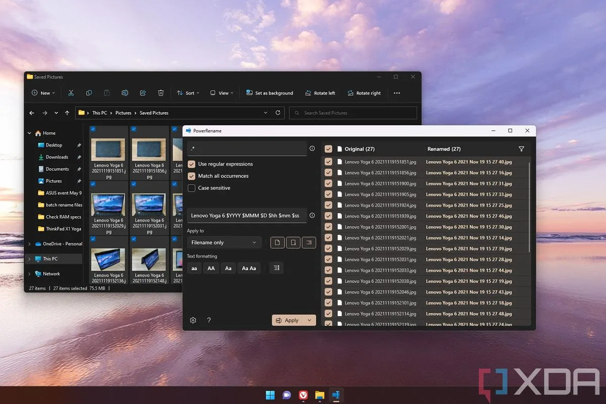 File Explorer và PowerRename trên màn hình Windows 11