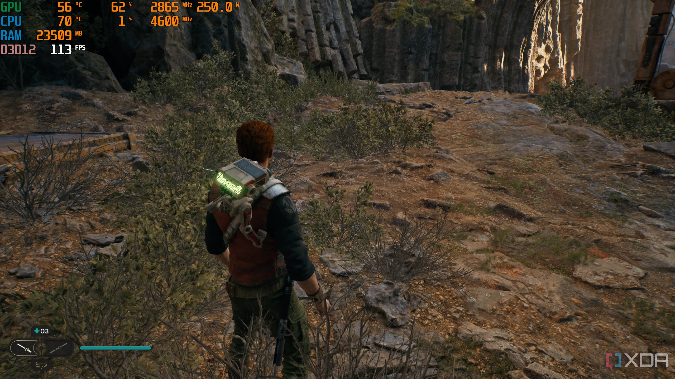 Game Jedi Survivor đang chạy trên PC, màn hình hiển thị thông số giám sát GPU bằng MSI Afterburner