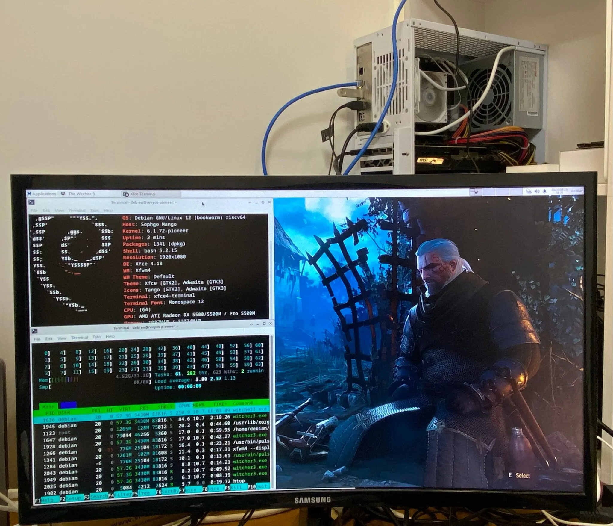 Game The Witcher 3: Wild Hunt đang chạy trên bộ xử lý RISC-V, minh chứng cho khả năng tương thích và sức hút vượt thời gian của tựa game nhập vai này.