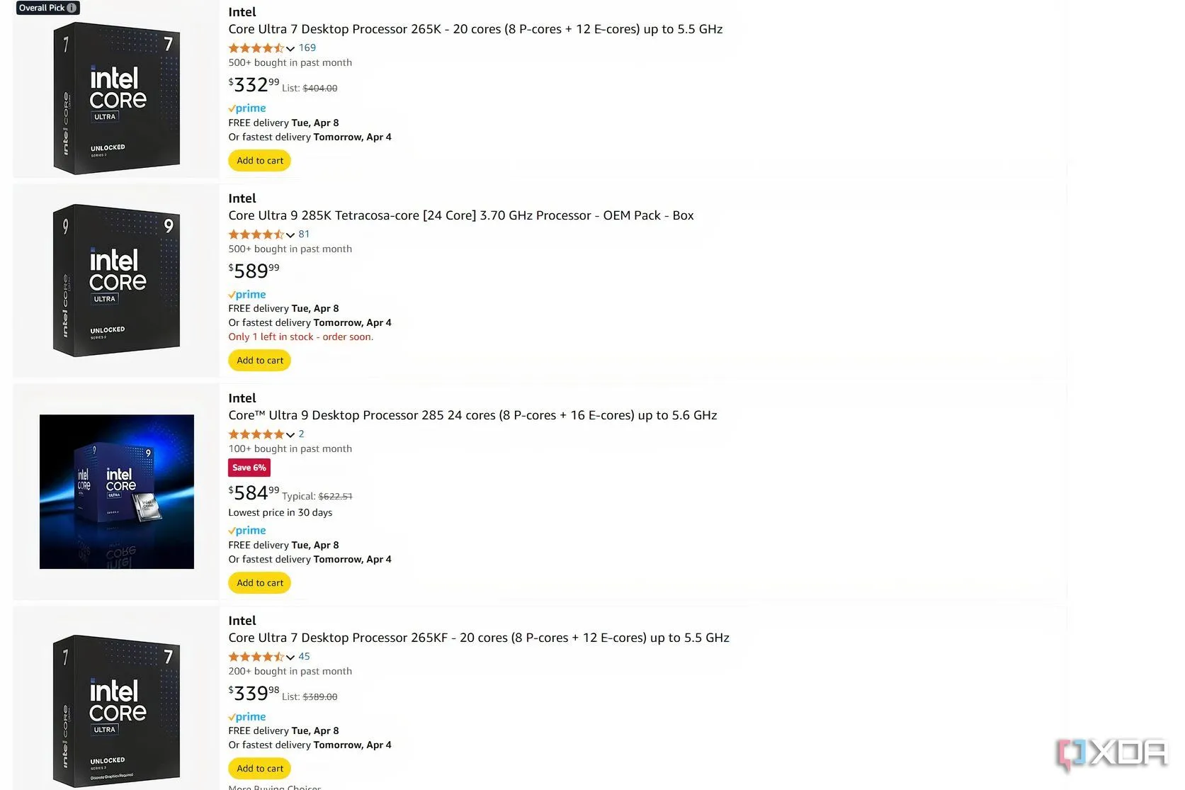 Giá bán các CPU Intel Core Ultra dòng Arrow Lake trên Amazon