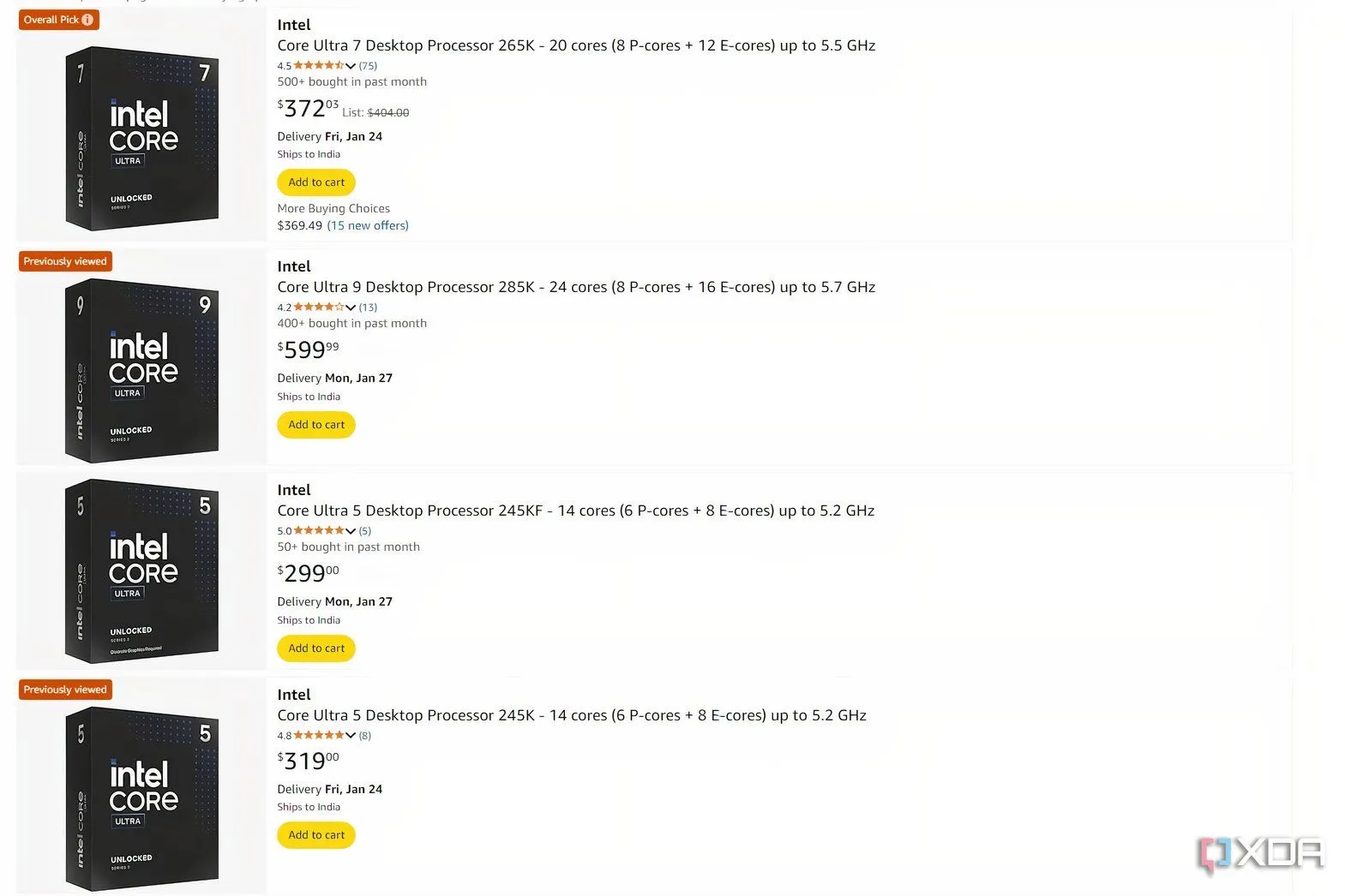 Giá CPU Intel Core Ultra trên Amazon