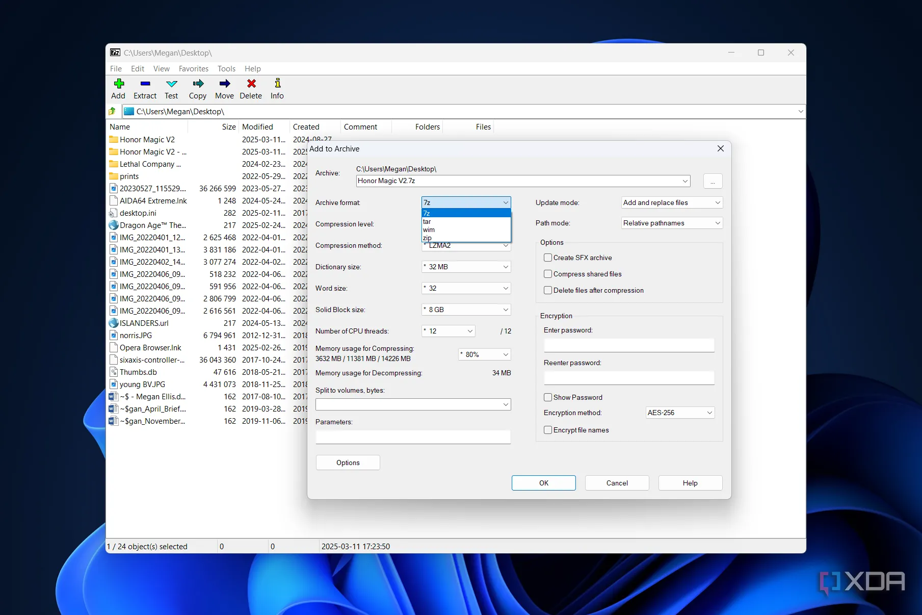 Giao diện 7-Zip hiển thị các tùy chọn định dạng nén file như 7z, TAR, WIM, ZIP, cho thấy sự đa dạng của công cụ này