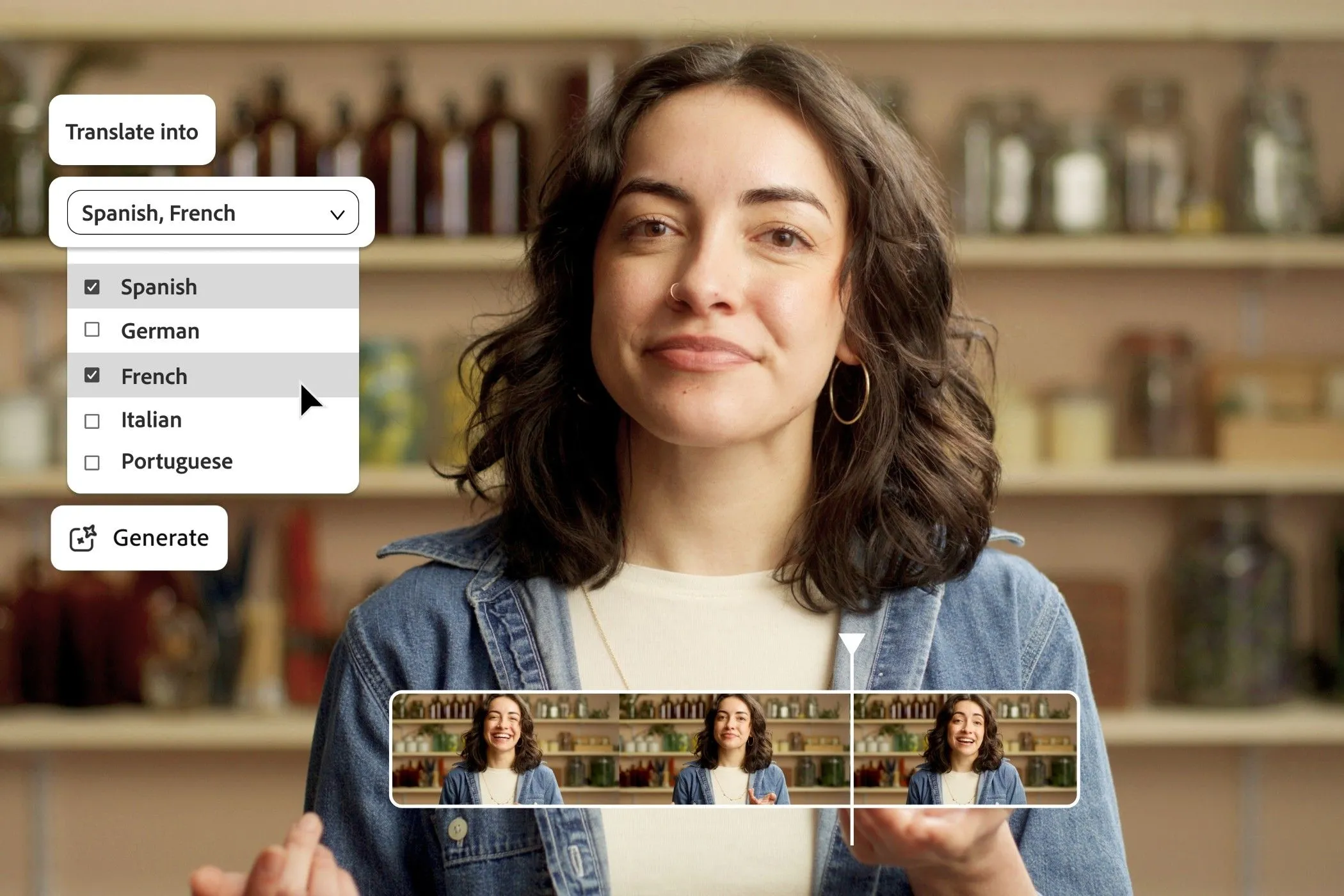 Giao diện Adobe Firefly hiển thị tính năng dịch ngôn ngữ video, cho phép chuyển đổi lời thoại sang nhiều thứ tiếng khác nhau