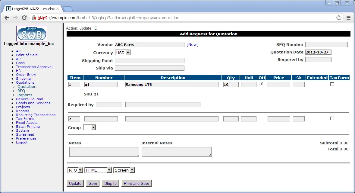 Giao diện bảng điều khiển (dashboard) của giải pháp kế toán và ERP LedgerSMB