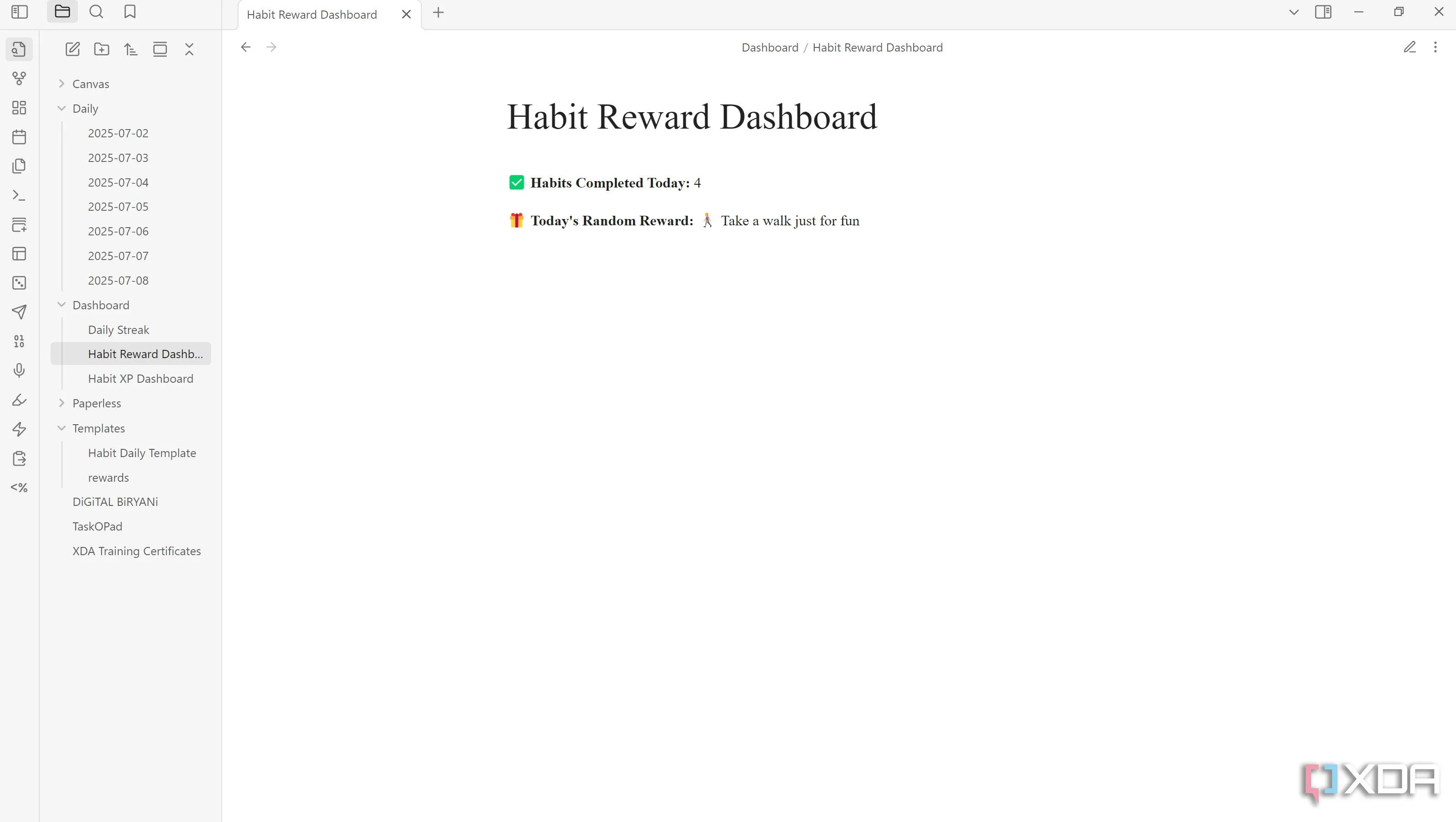 Giao diện bảng điều khiển phần thưởng thói quen (Habit Rewards Dashboard) trong Obsidian, hiển thị phần thưởng ngẫu nhiên khi hoàn thành mục tiêu.