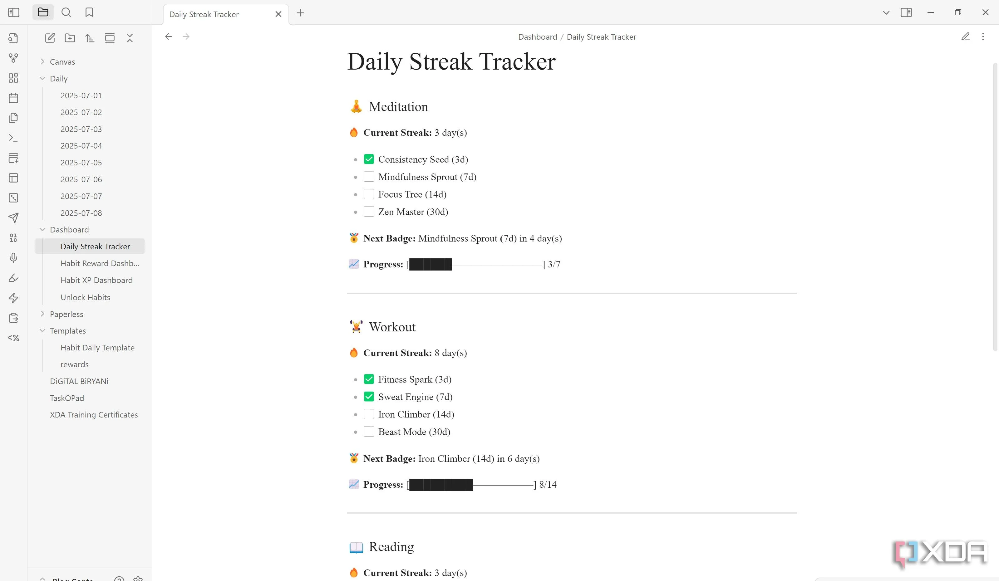Giao diện bảng điều khiển theo dõi chuỗi thói quen hàng ngày (Daily Streak Tracker) trong Obsidian, hiển thị tiến độ và huy hiệu.