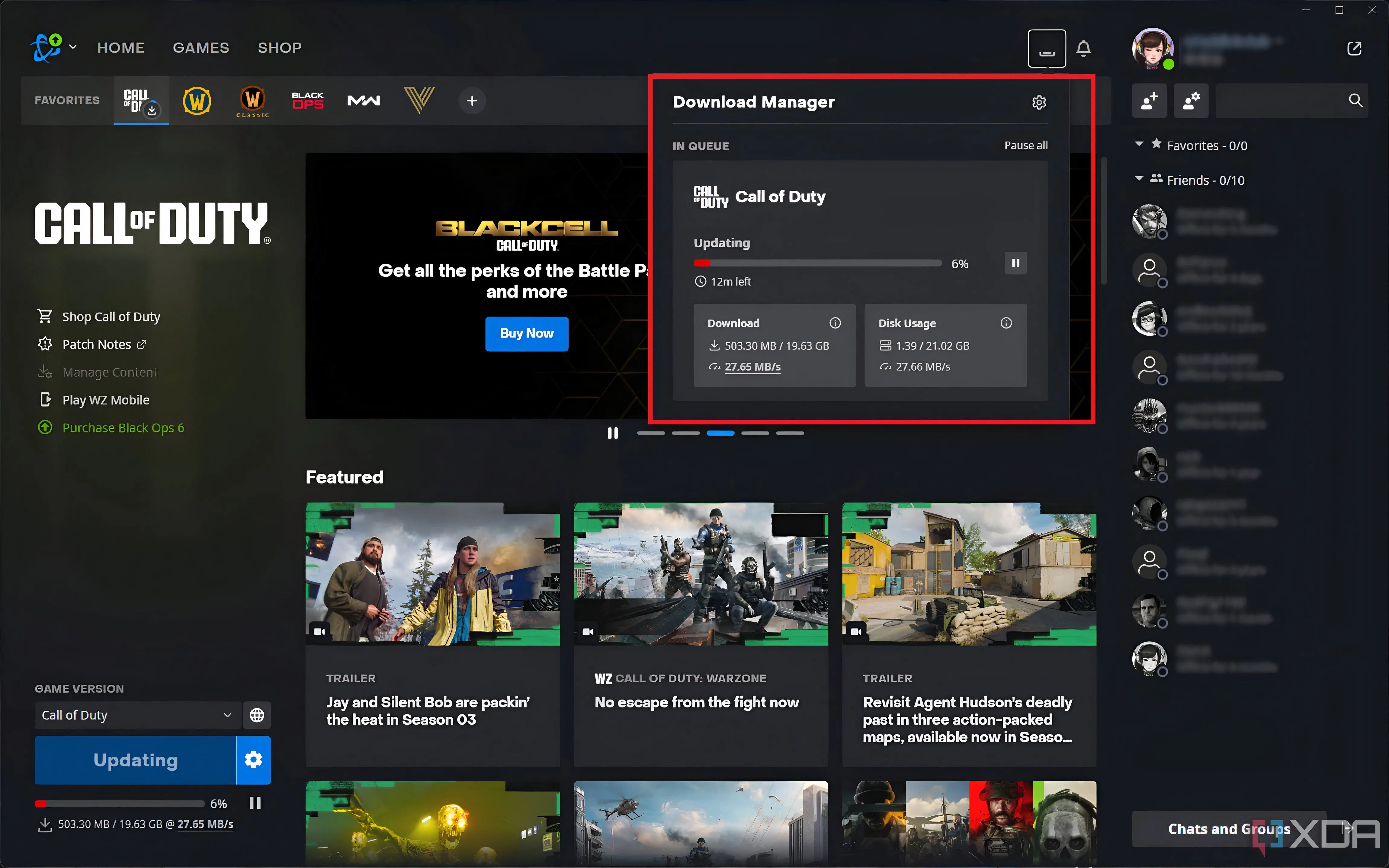 Giao diện Battle.net cập nhật game Call of Duty: Modern Warfare, minh họa dung lượng bản vá lớn