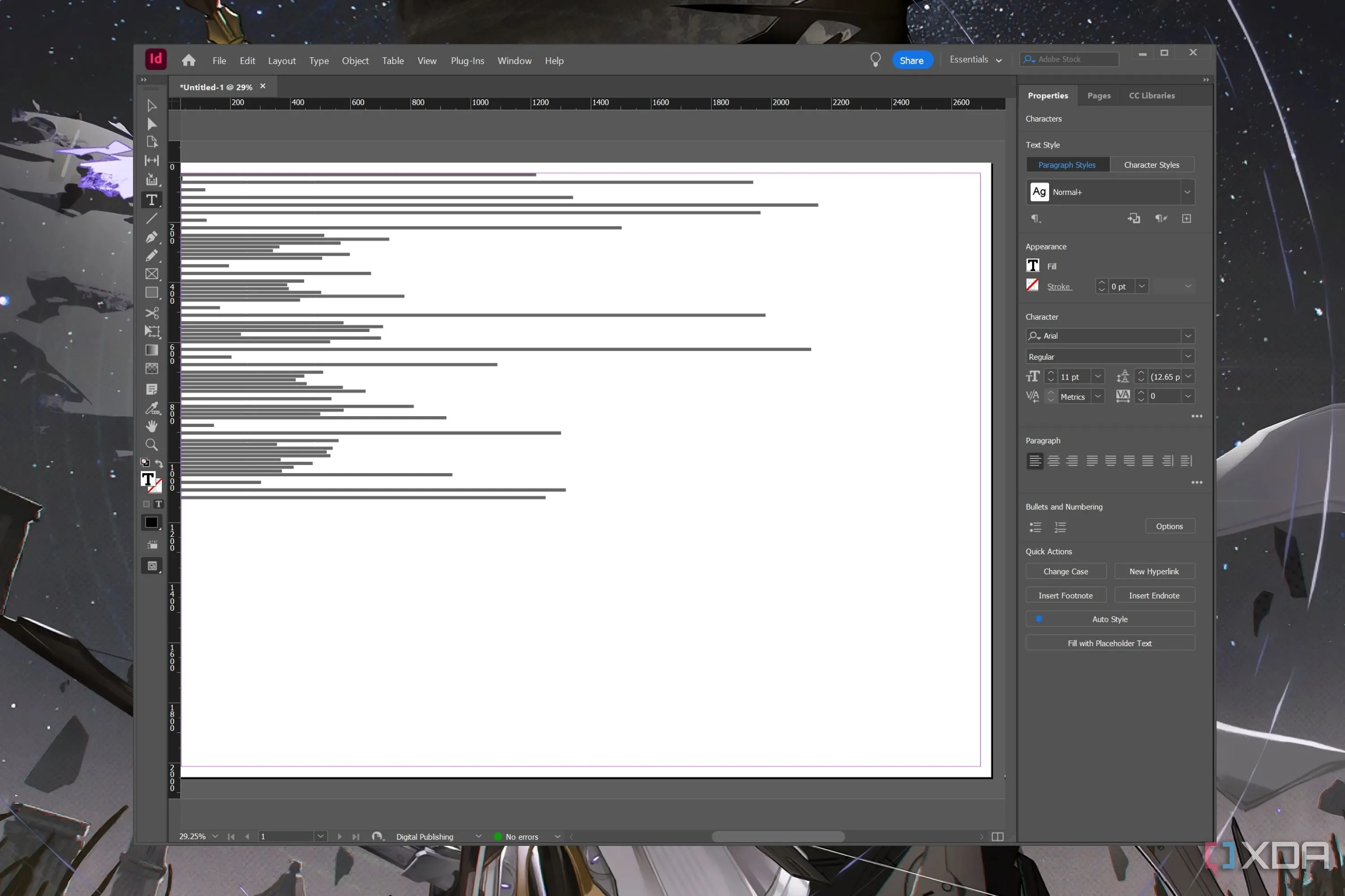Giao diện bên trong Adobe InDesign, hiển thị các công cụ và bố cục trang cho việc dàn trang và xuất bản chuyên nghiệp