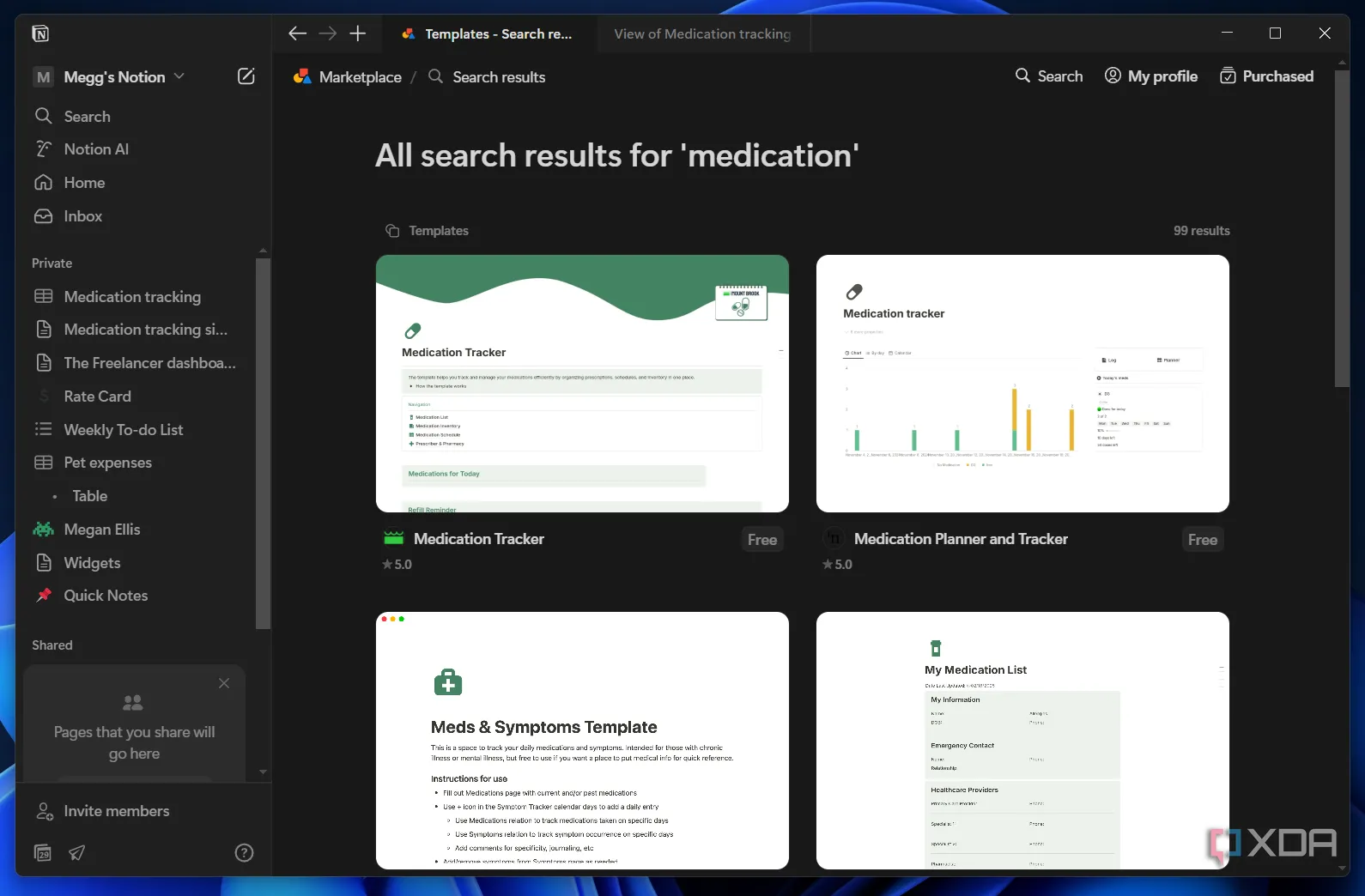 Giao diện các mẫu template theo dõi thuốc có sẵn trong Notion