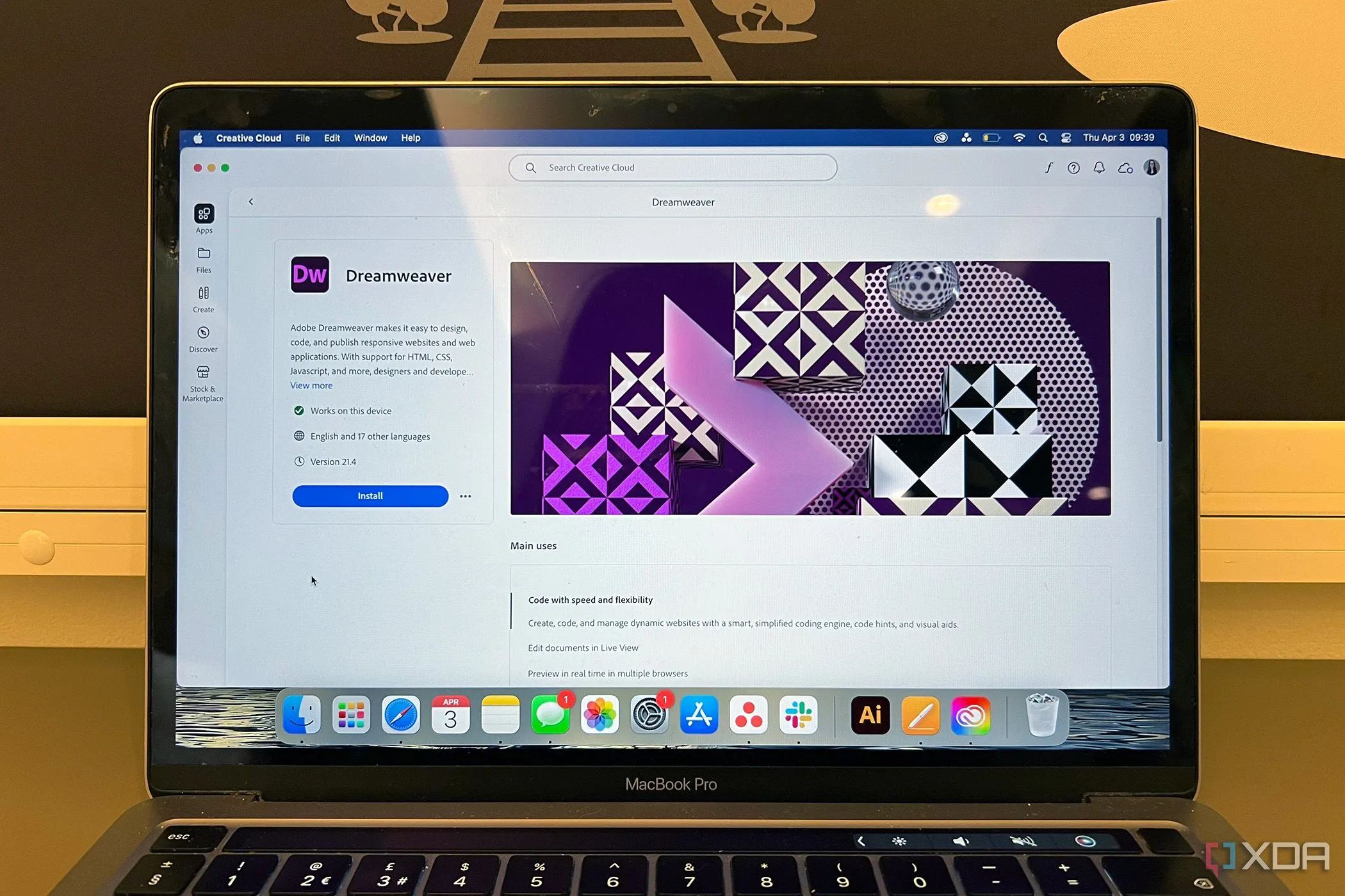 Giao diện cài đặt Adobe Dreamweaver trên MacBook, phần mềm thiết kế web cũ của Adobe.