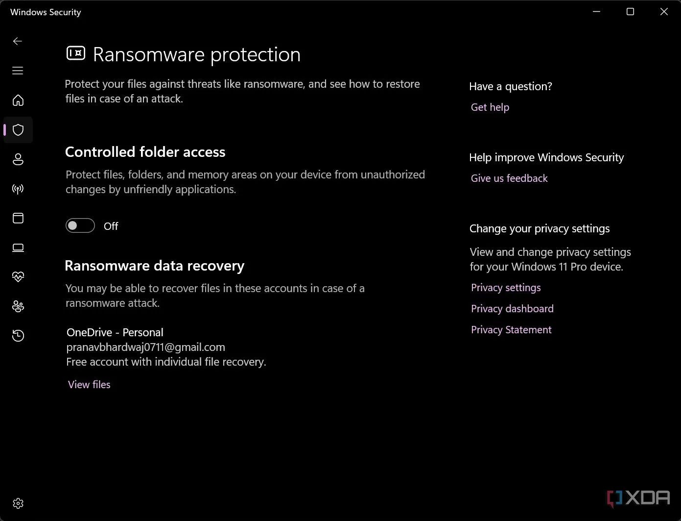 Giao diện cài đặt bật tính năng bảo vệ chống ransomware trên Windows
