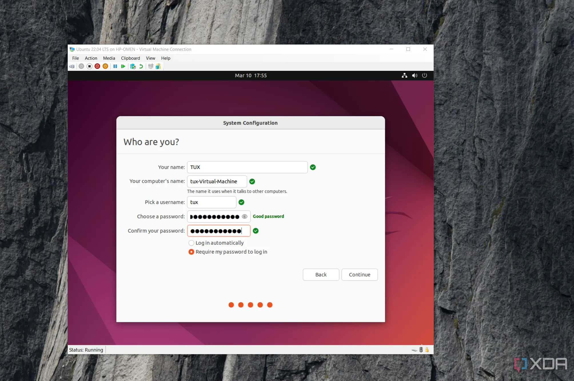 Giao diện cài đặt mật khẩu cho máy ảo Ubuntu trên Hyper-V