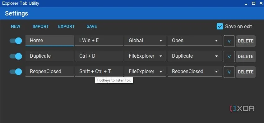 Giao diện cài đặt phím tắt (hotkeys) của Explorer Tab Utility, cho phép người dùng tùy chỉnh tổ hợp phím để truy cập nhanh các thư mục hoặc chức năng cụ thể.
