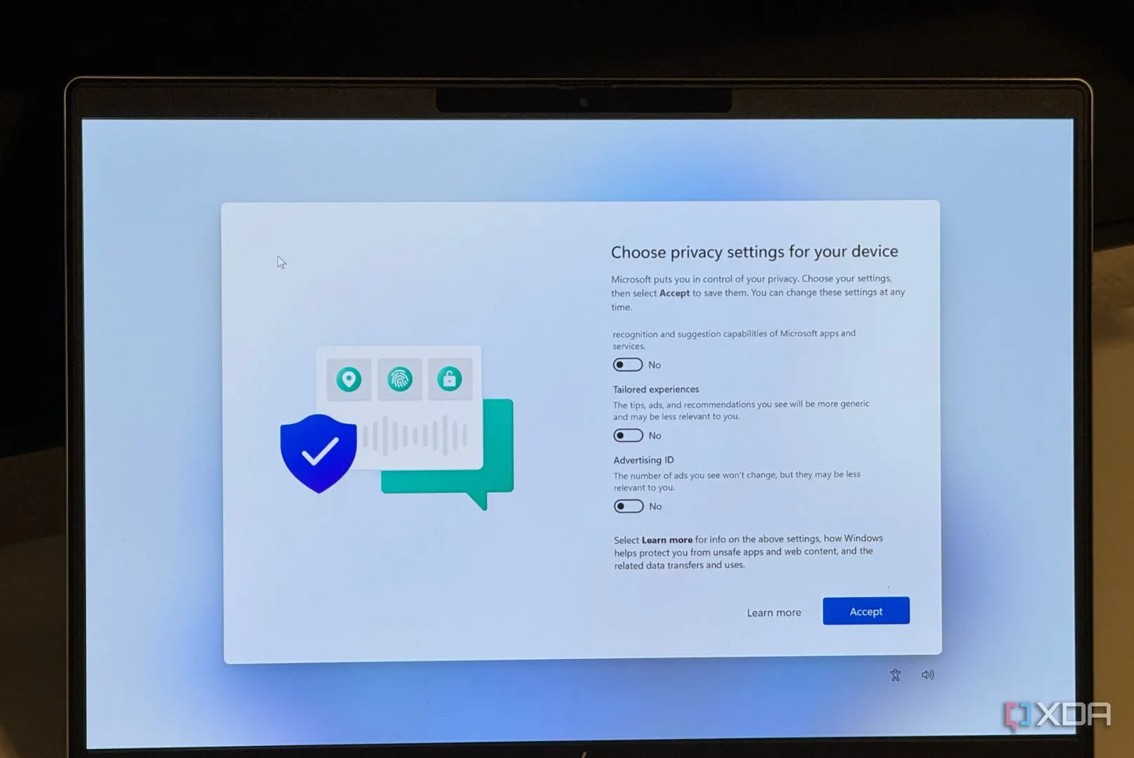 Giao diện cài đặt quyền riêng tư của Windows 11 trong quá trình cài đặt lại hệ điều hành sạch