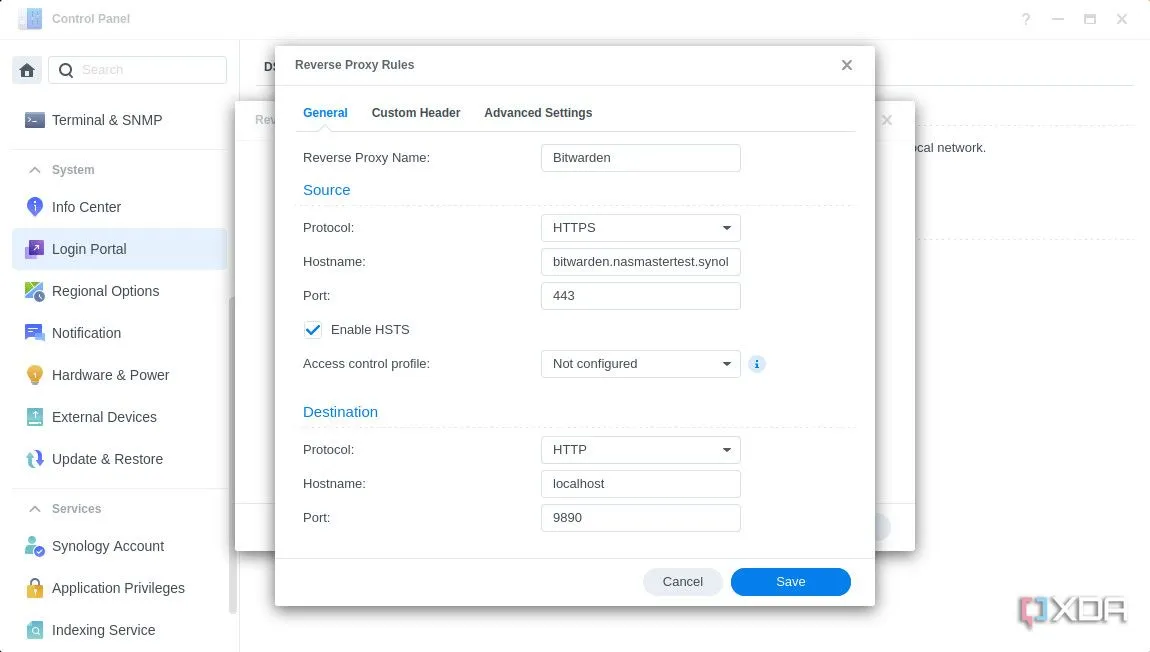 Giao diện cài đặt Reverse Proxy trong Synology DSM 7, hiển thị các trường cấu hình cho một ứng dụng tự host