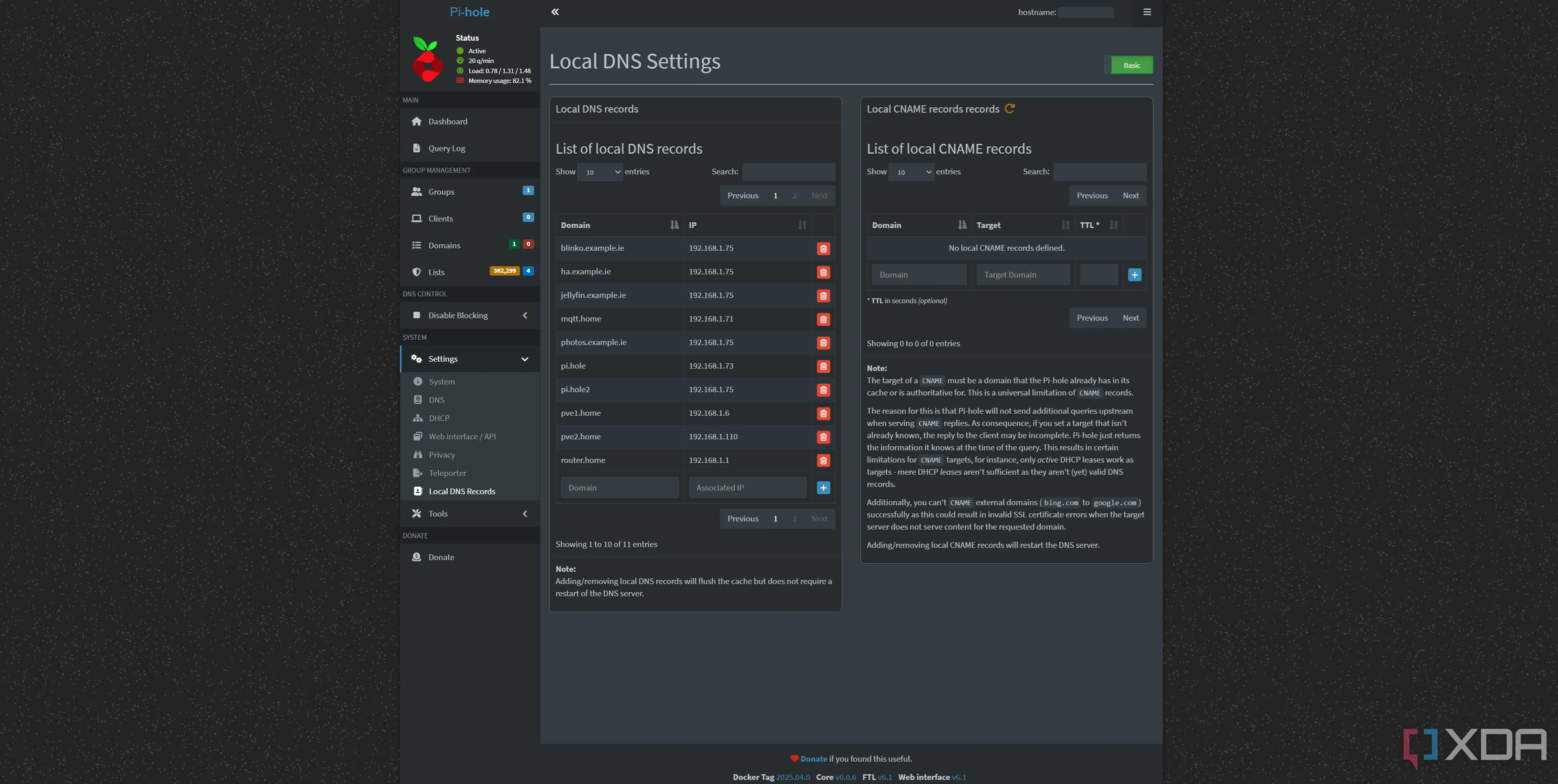 Giao diện cấu hình Local DNS records trên Pi-hole, cho phép ghi đè DNS để truy cập nội bộ các dịch vụ homelab.