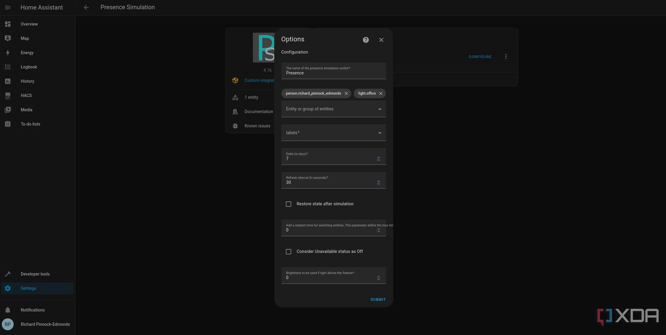 Giao diện cấu hình Presence Simulation trong Home Assistant