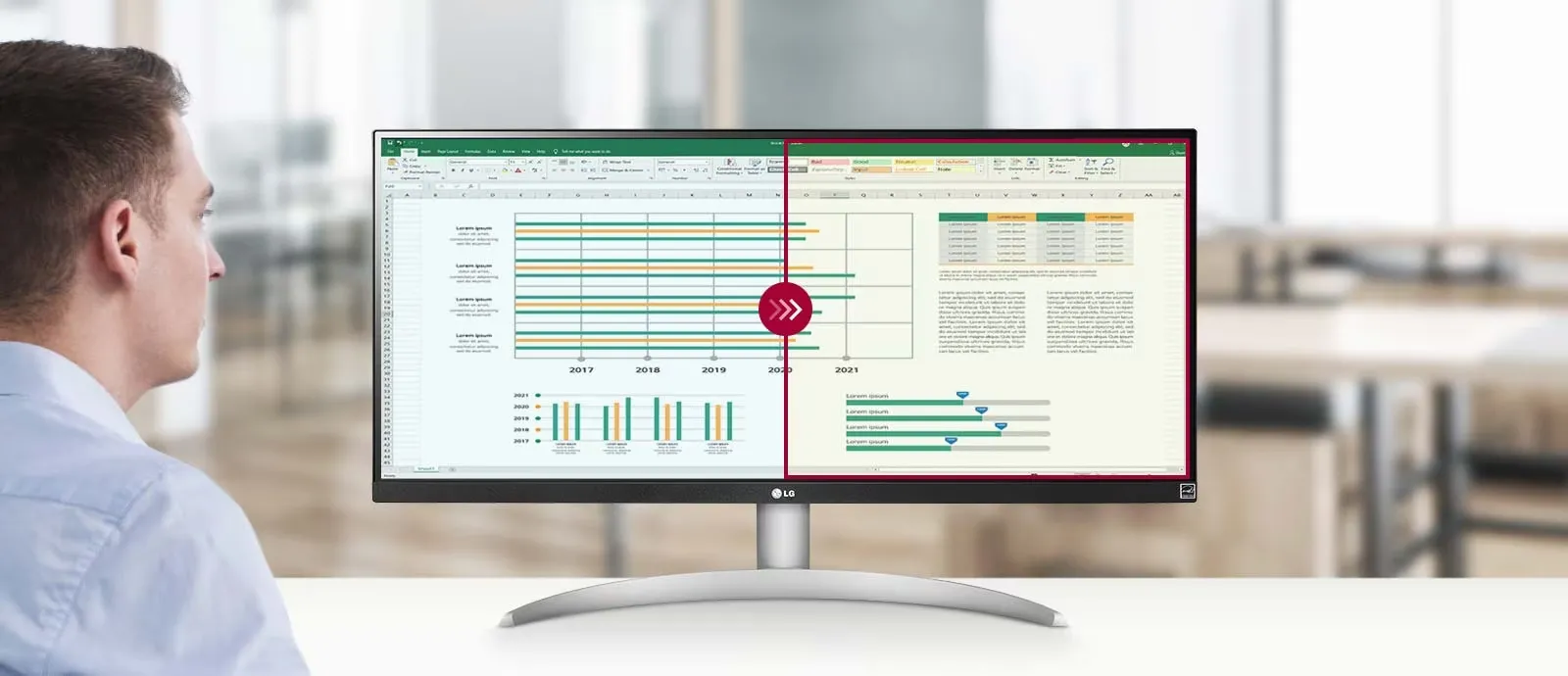 Giao diện chia cửa sổ trên màn hình ultrawide