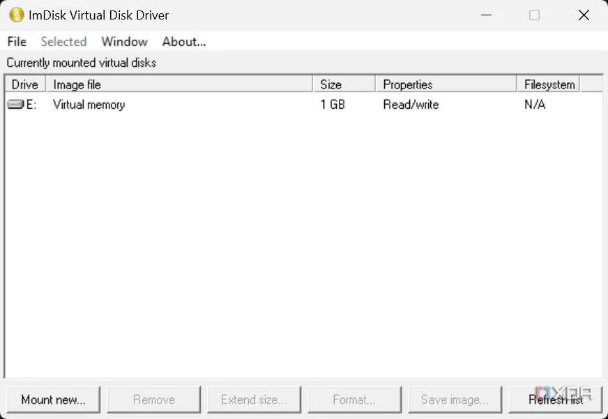 Giao diện chính của phần mềm ImDisk Virtual Disk Driver để tạo RAM disk