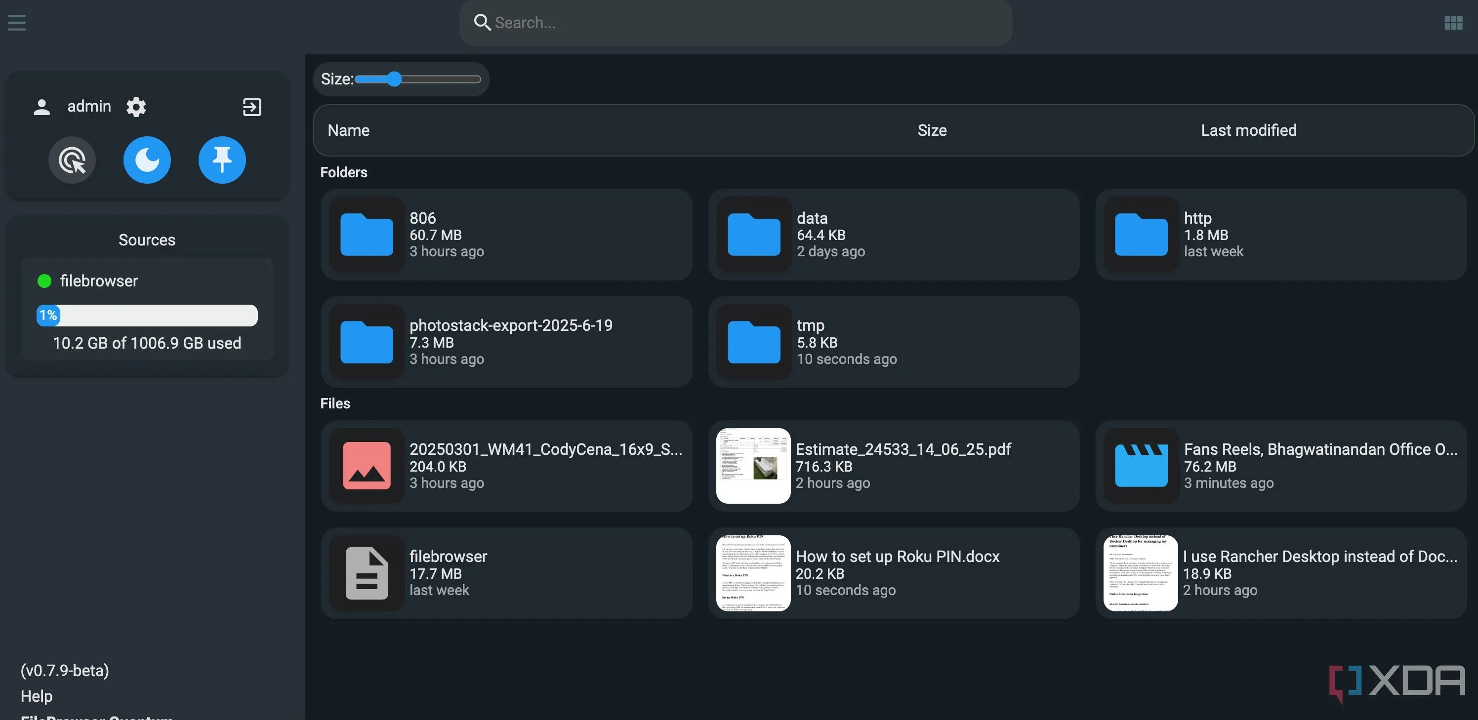 Giao diện chính hiện đại và trực quan của FileBrowser Quantum với các tùy chọn quản lý tệp và thư mục