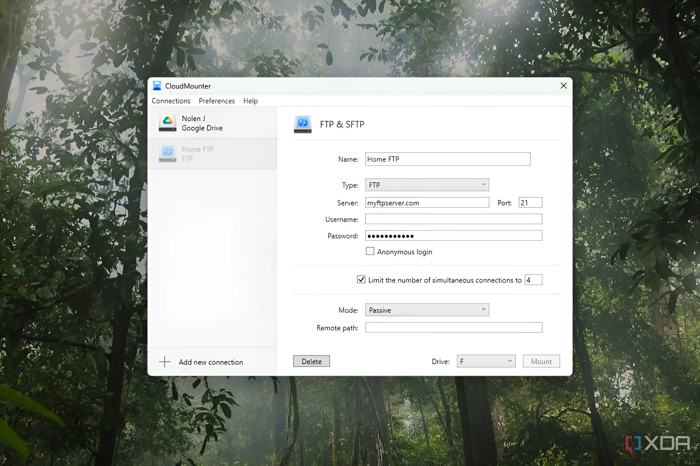 Giao diện CloudMounter khi thêm kết nối FTP, hiển thị các trường nhập thông tin máy chủ và xác thực