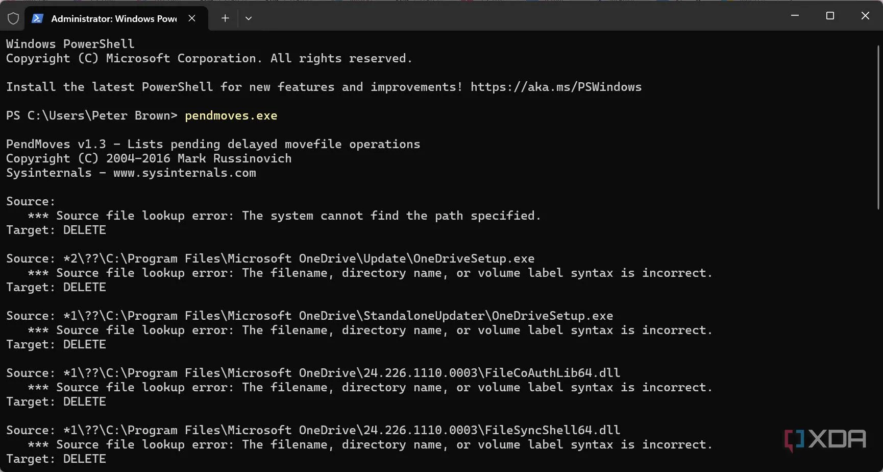 Giao diện Command Prompt hiển thị danh sách các thao tác file đang chờ xử lý bằng PendMoves