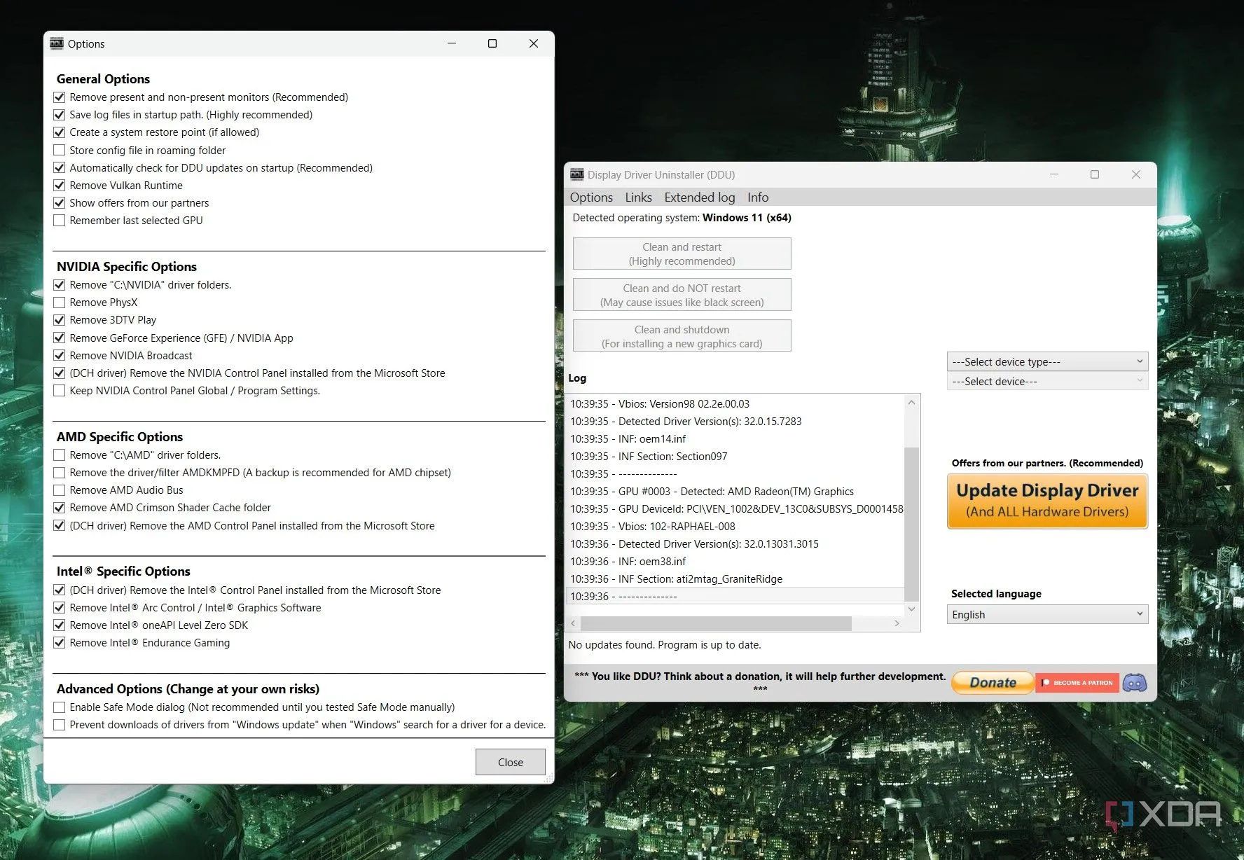 Giao diện công cụ Display Driver Uninstaller (DDU) trên Windows 11 giúp gỡ cài đặt driver card màn hình sạch