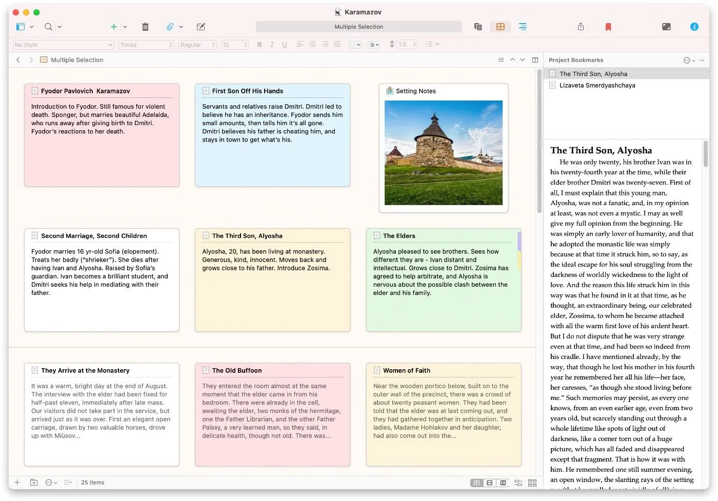 Giao diện Corkboard trong Scrivener giúp sắp xếp các cảnh và chương bằng thẻ ghi chú