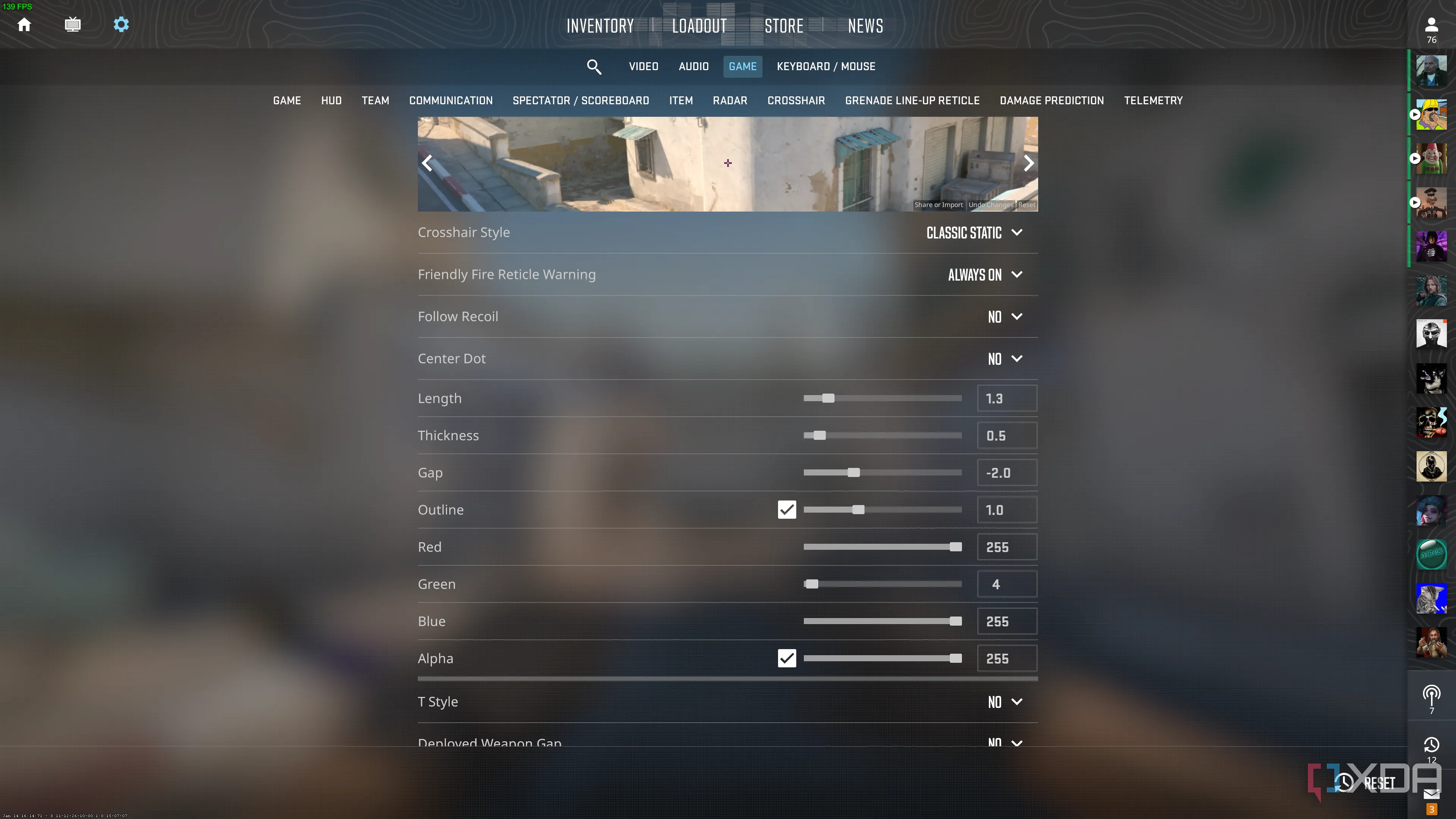 Giao diện Counter-Strike 2 hiển thị tâm ngắm (crosshair) tùy chỉnh của người chơi trong cài đặt game