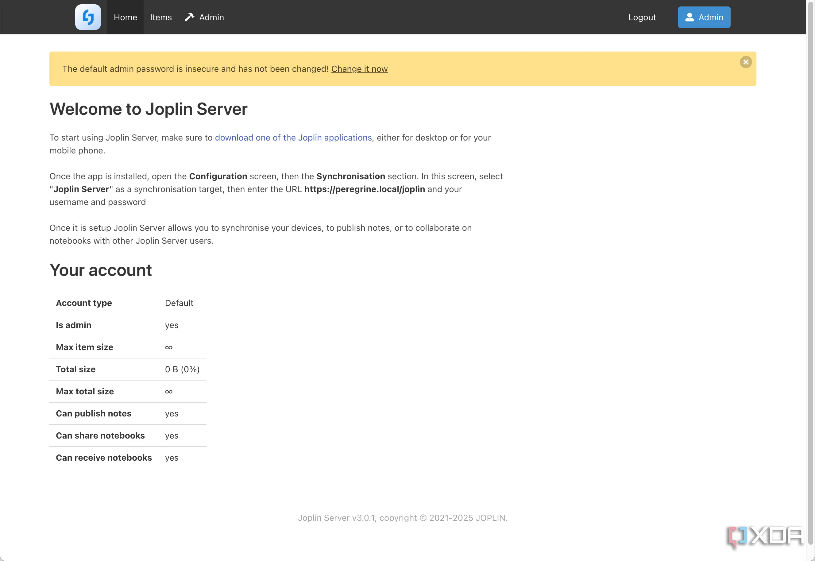Giao diện đăng nhập Joplin Server trên trình duyệt web sau khi cài đặt thành công