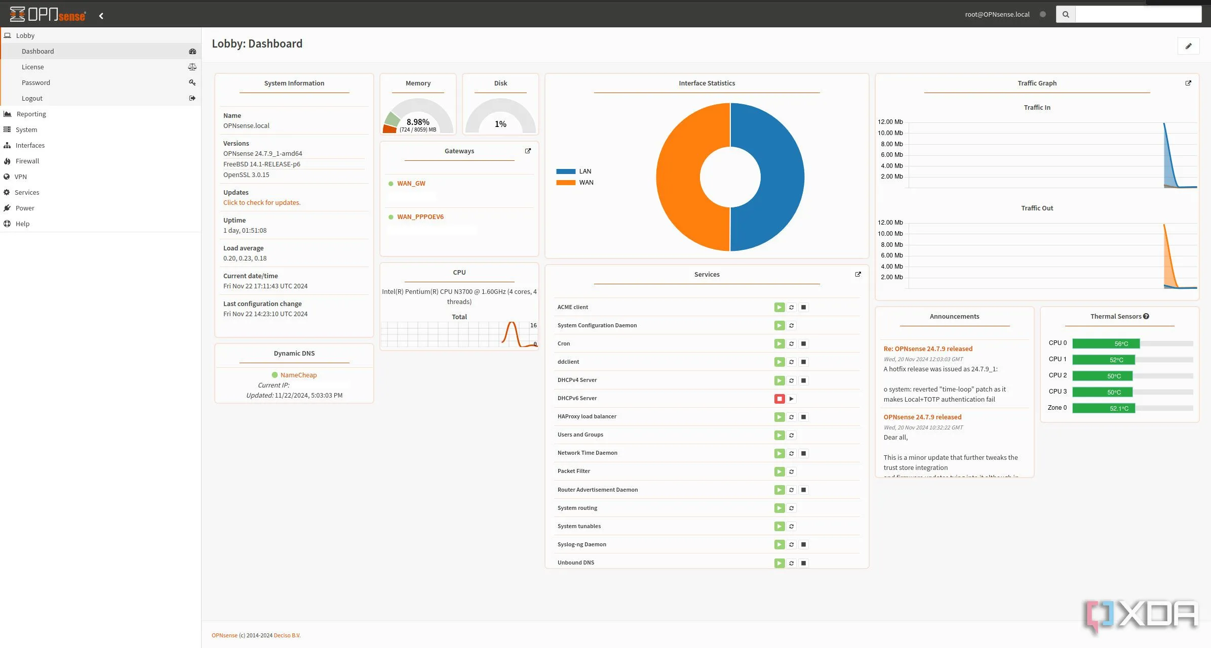 Giao diện Dashboard của OPNsense, hiển thị trạng thái hệ thống và các bản cập nhật