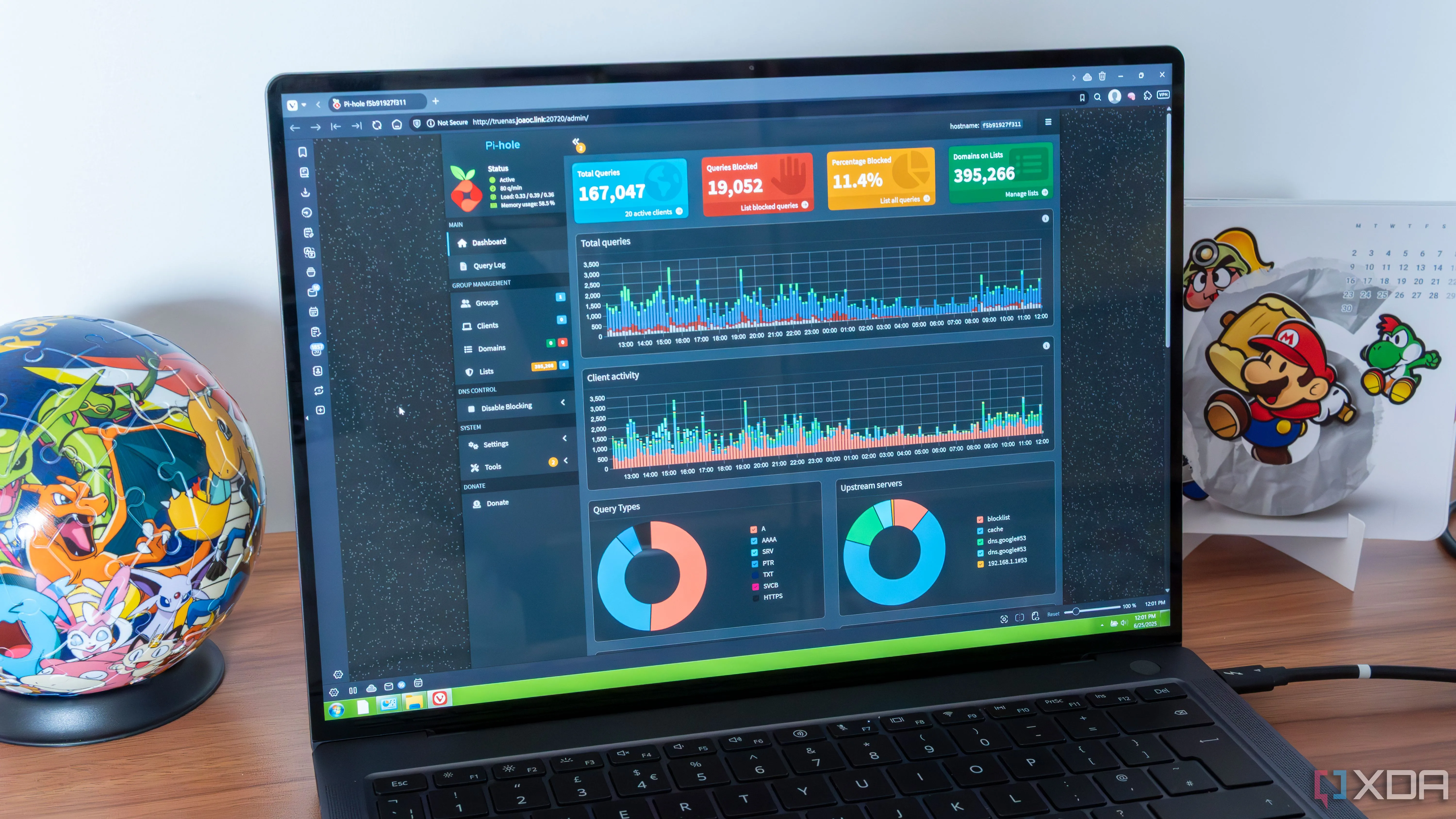 Giao diện dashboard Pi-hole hiển thị trên máy tính xách tay