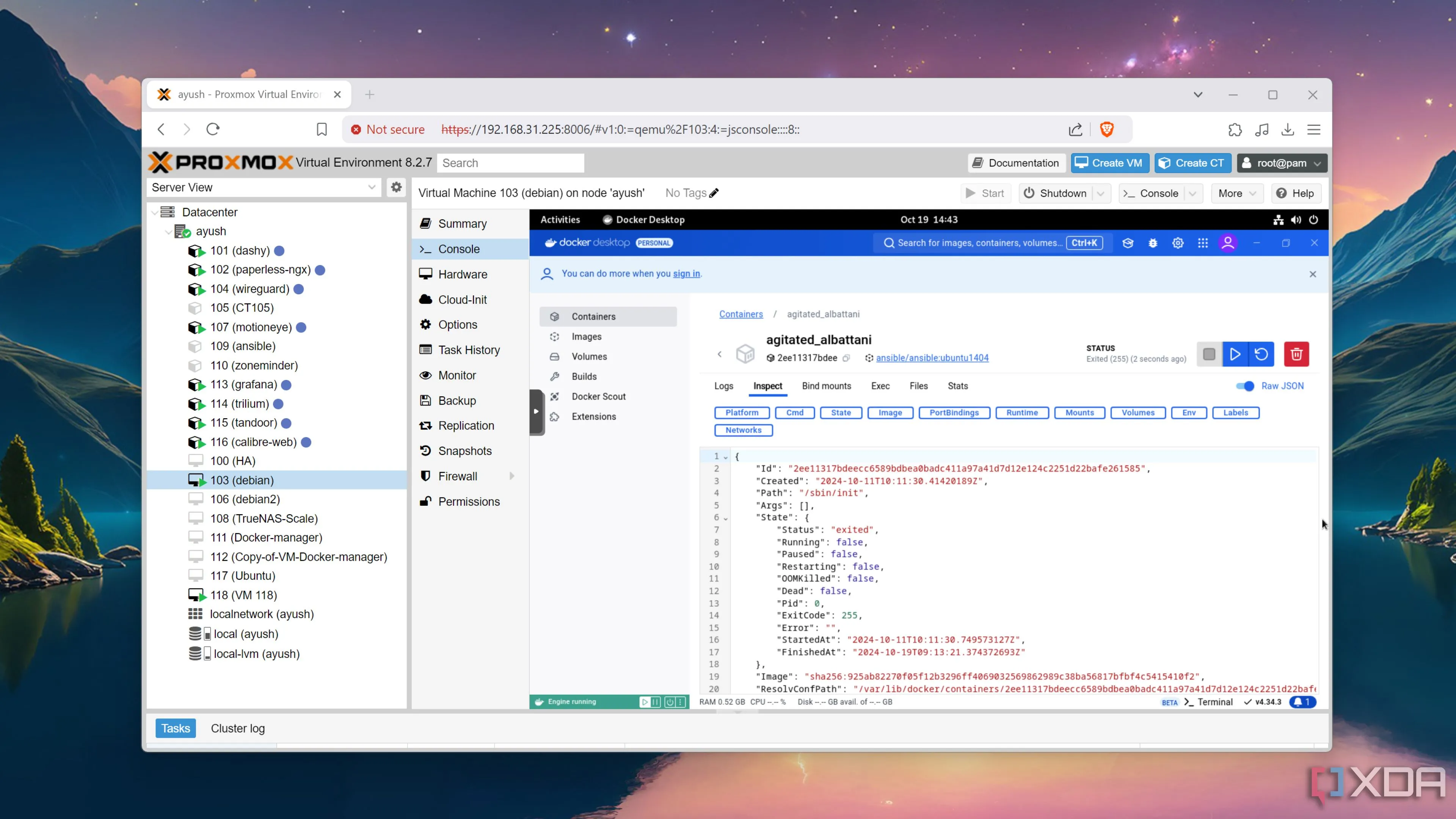 Giao diện Docker Desktop chạy bên trong máy ảo Debian trên server Proxmox, thể hiện khả năng tương thích của Docker