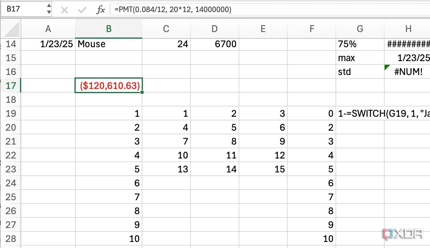 Giao diện Excel minh họa cách dùng hàm PMT để tính toán khoản thanh toán hàng tháng