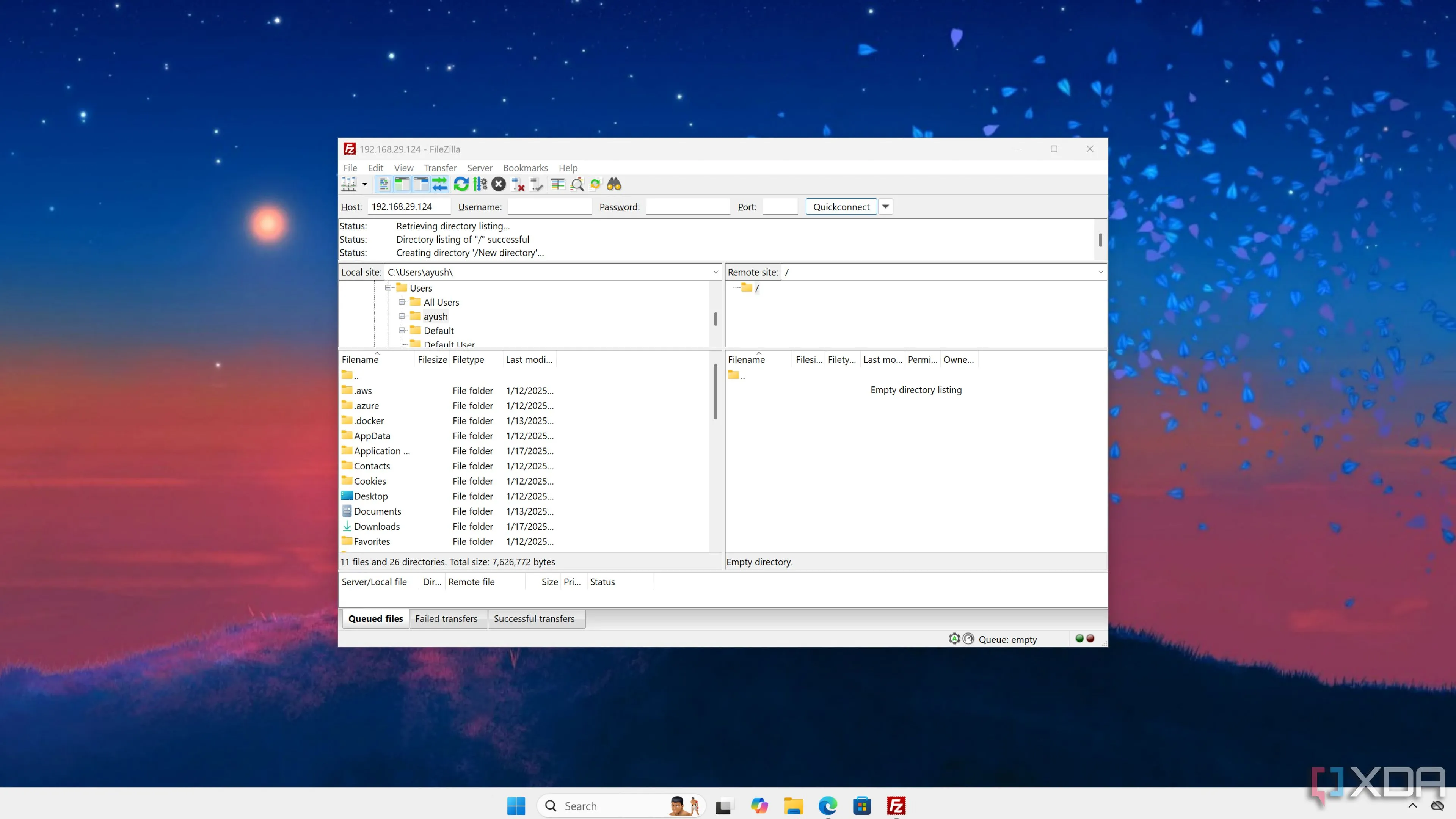 Giao diện FileZilla hiển thị việc truy cập các tệp trên một hệ thống khác