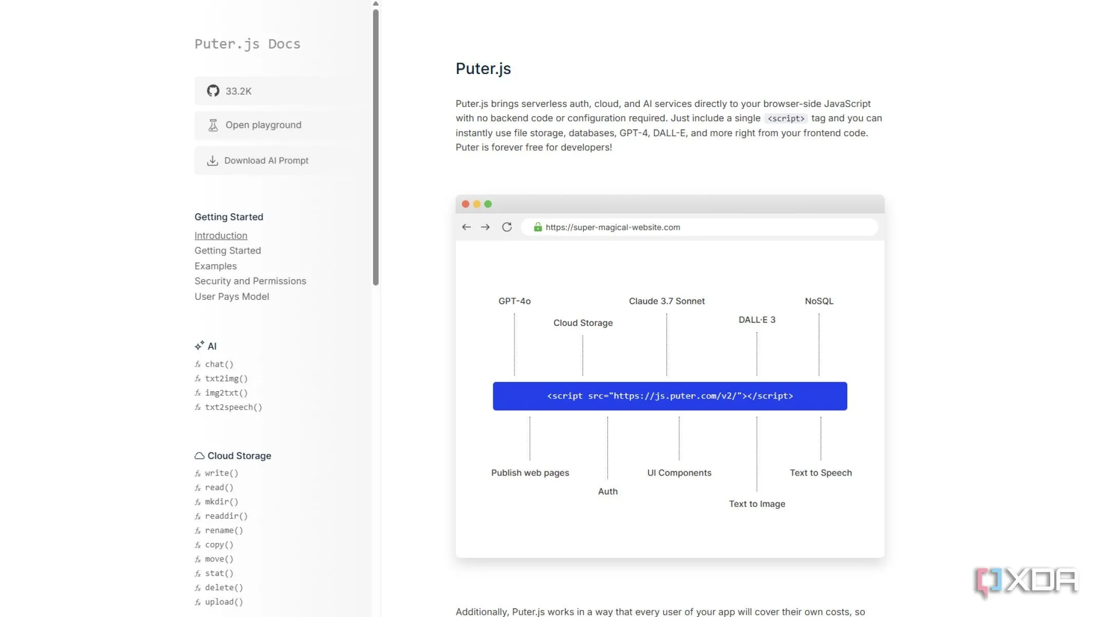 Giao diện framework Puter.js với các chức năng phát triển web và AI